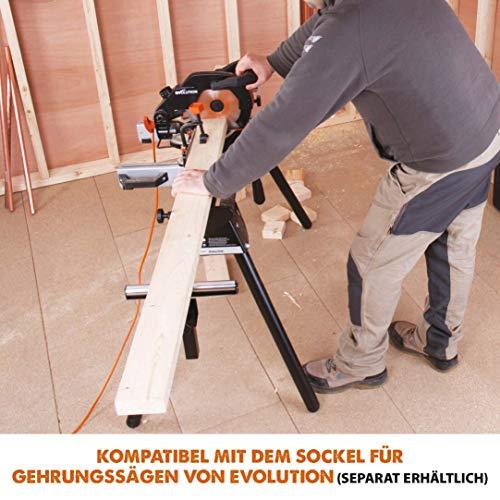 Evolution nurksaag R210CMS | 1200 W nurksaag | Komplektis Ø 210 mm HM-saeketas | Lõikab puitu, alumiiniumi, terast, plastikut | 0°- 45° kalde- ja 45°-45° nurklõiked | Kappsäge – pilt 17