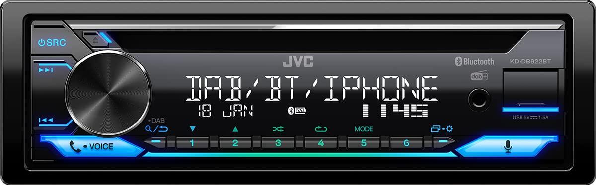 JVC KD-DB922BT CD-Autoradio DAB+ ja Bluetooth käed-vabad süsteemiga (USB, AUX-In, 3 x Pre-Out 2,5V, Amazon Alexa, Heliprotsessor, 4×50 W, Muudetav valgustus) – pakend ja tarvikud