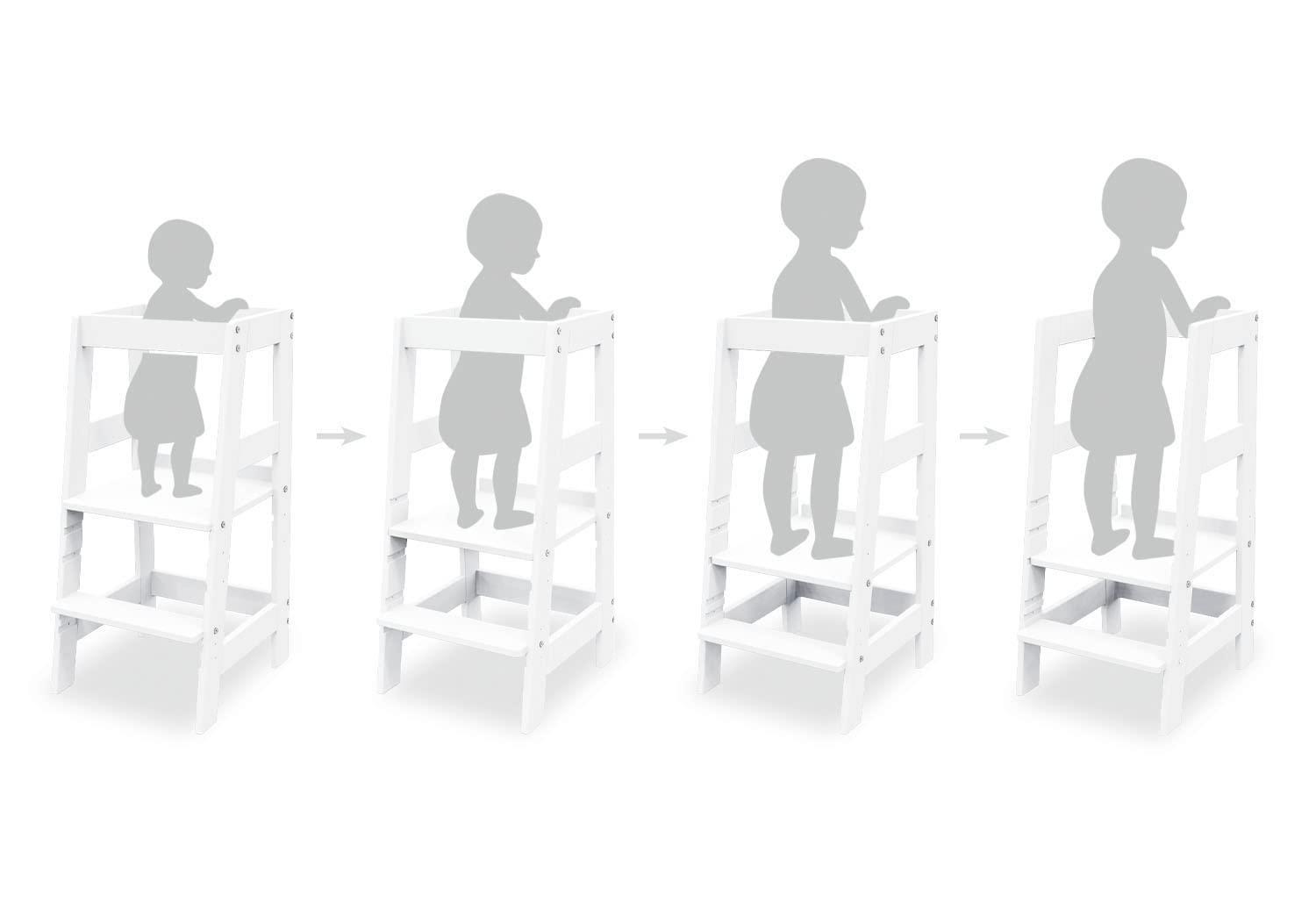 Lerntorn Fino Pinolino, reguleeritava kõrgusega õppimistool, Montessori köögitorn, looduslikust puidust lastetool, turvaline ja stabiilne, valge viimistlus – lisavaade