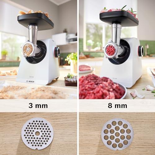 Bosch hakklihamasin Serie 4 MFWS420W, kompaktne, 2 kiirust, 2 sõela (3 & 8mm), vorstitarvik, 10-aastane mootori garantii, planeetülekanne, 1.900 W, valge/must – pilt 7
