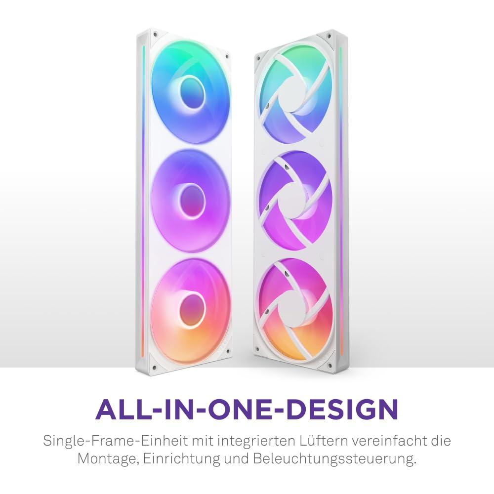 NZXT F360 RGB Core – 360 mm ühe raami ventilaatoriüksus 3 x 120 mm RGB-ventilaatoritega – Kiiruse ja valgustuse juhtimine – Kõrge staatiline rõhk ja õhuvool – 8 aRGB-LED-i ventilaatori kohta – Valge – detailne vaade