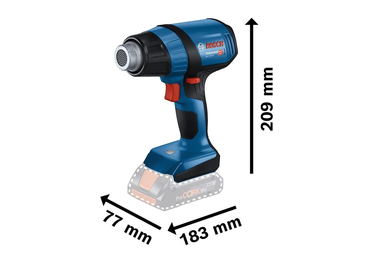 Bosch Professional 18V süsteemi akukuumapuhur GHG 18V-50 (koos reflektordüüsi, 32 x 33 mm ja reduktordüüsi, 9 mm, ilma aku ja laadijata) – pakend ja tarvikud