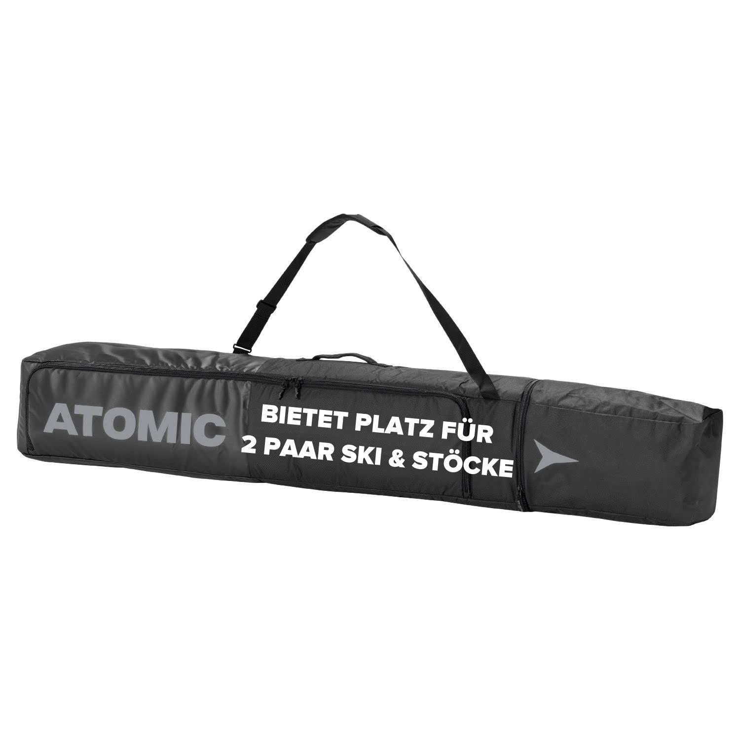 ATOMIC DOUBLE SKI BAG Must – kahe suusapaariga suusakott, reguleeritav pikkus (175 – 205 cm), veekindel ja mustust hülgav materjal, kaasas kanderihm