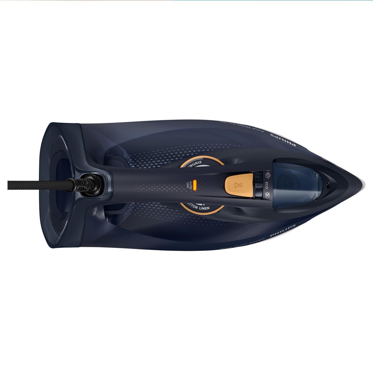 Philips Series 7000 aurutriikraud – 3000 W, pidev auruvoog 55 g/min, auruimpulss 250 g, vertikaalaur, SteamGlide Elite tallaplaat, sinine/kollane (DST7060/20) – pakend ja tarvikud