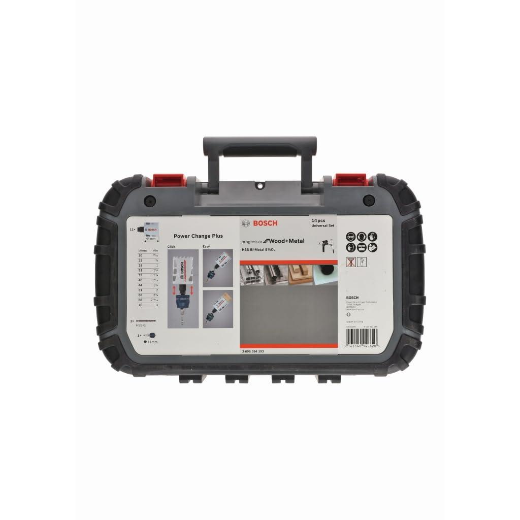 Bosch 14-osaline avasaagide komplekt Progressor puidu ja metalli jaoks (Ø 20-76 mm, puurmasina tarvikud) – pakend ja tarvikud
