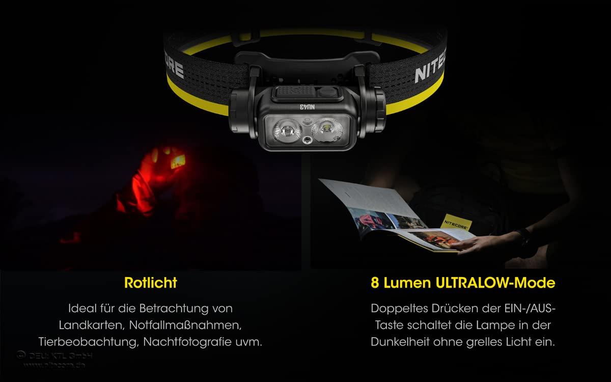 Nitecore NU43 Pealamp, kerge, USB-C laetav LED-pealamp, 1400 luumenit, 130 m valguskaugus, punane valgus öiseks nägemiseks – pilt 7