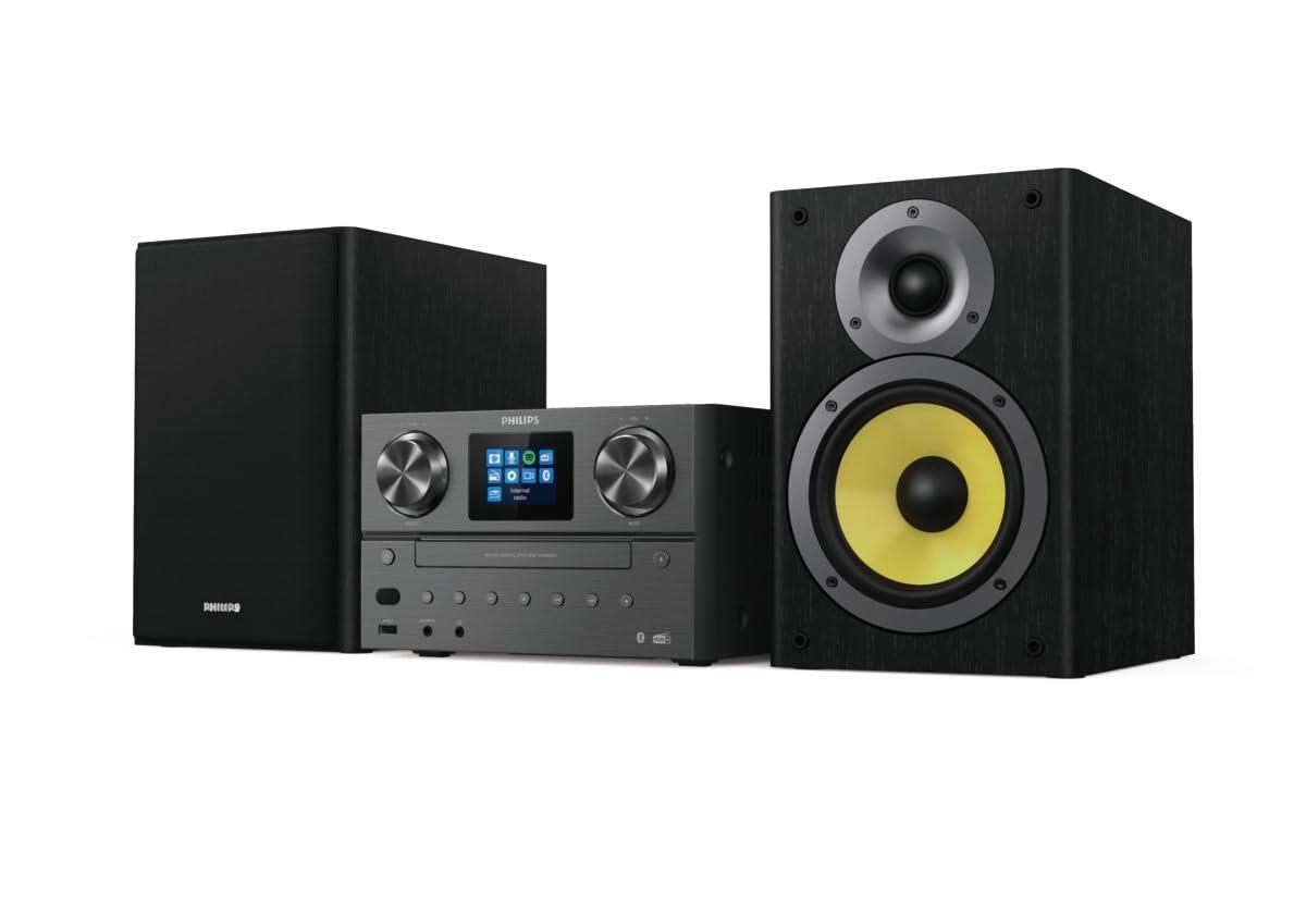 Philips TAM8905 Mikro-muusikasüsteem 100W, Bluetooth, Spotify Connect, Internetradio, DAB+, CD-mängija, USB, Bassrefleksi kõlarid, Digitaalne heli reguleerimine, klassikaline disain värviekraaniga – pakend ja tarvikud