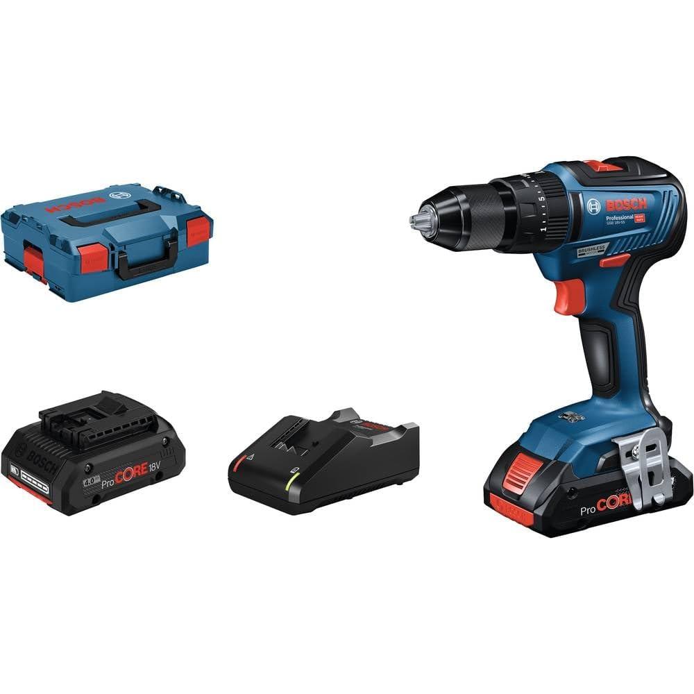 Bosch Professional 18V süsteemi akuga löökpuurtrell GSB 18V-55 (maksimaalne pöördemoment 55 Nm, sisaldab 2x ProCORE18V 4.0Ah akut, kiirlaadijat GAL 18V-40 Professional, L-BOXX sisestust, L-BOXX)