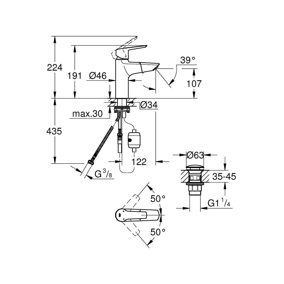 GROHE Start – Peresõbralik valamu segisti (väljatõmmatav, veesäästlik, kiire paigaldussüsteem, sisaldab paigaldustööriistu), kroom, 24205003 – detailne vaade