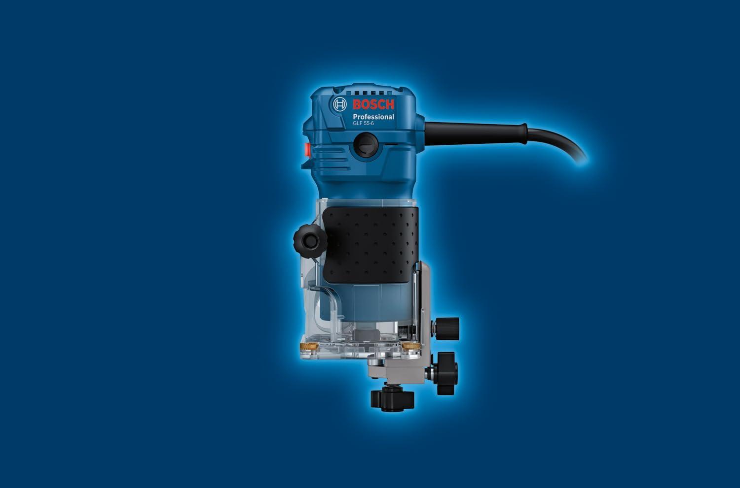 Bosch Professional servafrees GLF 55-6 (550 W mootor, 33 000 p/min, kaasas 2x mutrivõti, 1x padrun, paralleeljuhik, juhtketas sirgfreisimiseks) – pakend ja tarvikud