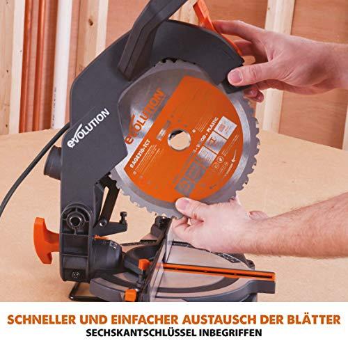 Evolution nurksaag R210CMS | 1200 W nurksaag | Komplektis Ø 210 mm HM-saeketas | Lõikab puitu, alumiiniumi, terast, plastikut | 0°- 45° kalde- ja 45°-45° nurklõiked | Kappsäge – pilt 15