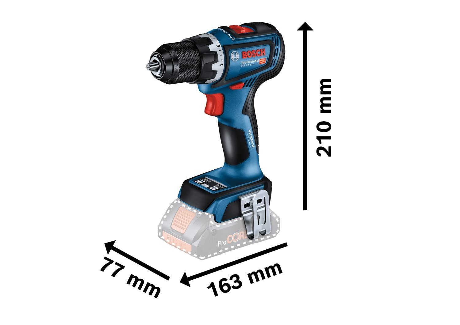 Bosch Professional 18V süsteemi akuga trell-kruvikeeraja GSR 18V-90 C (ilma aku/laadijata) – pakend ja tarvikud