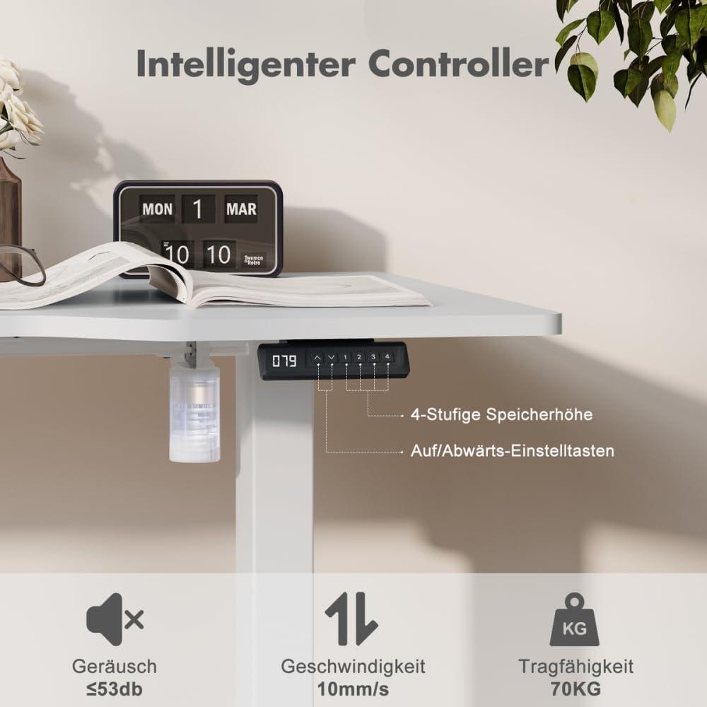 JUMMICO elektriliselt reguleeritav L-kujuline kirjutuslaud 160 x 70 cm, ergonoomiline mängurilaud konksuga (valge) – pakend ja tarvikud