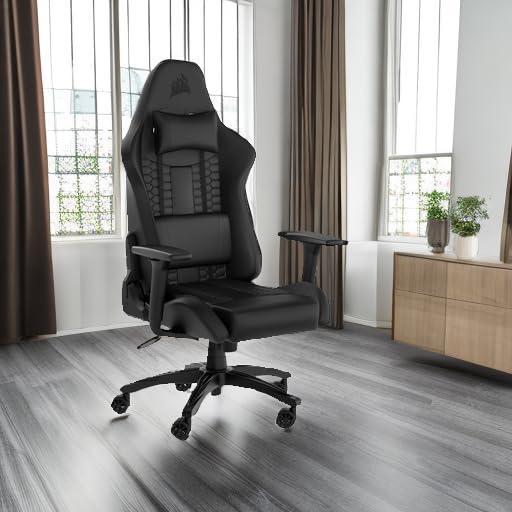 Corsair TC100 Relaxed mänguritool – Kunstnahk – Vormel-1 stiilis disain – Nimmetugi – Eemaldatav mäluvahust kaelapadi – Reguleeritavad käetoed – Must – lisavaade