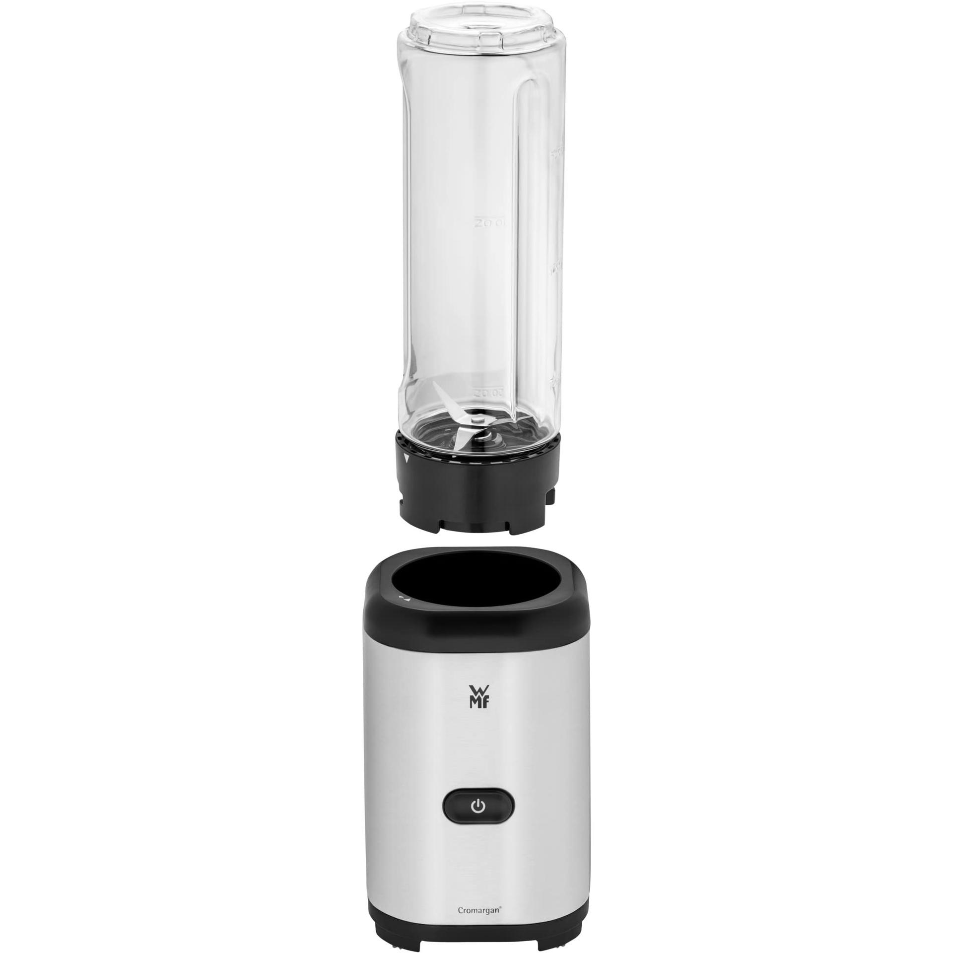 WMF Küchenminis kompaktne blender, mini standmixer, 400 W, väike blender, klaaskann 0,8 l, impulssrežiim, Cromargan matt – pakend ja tarvikud