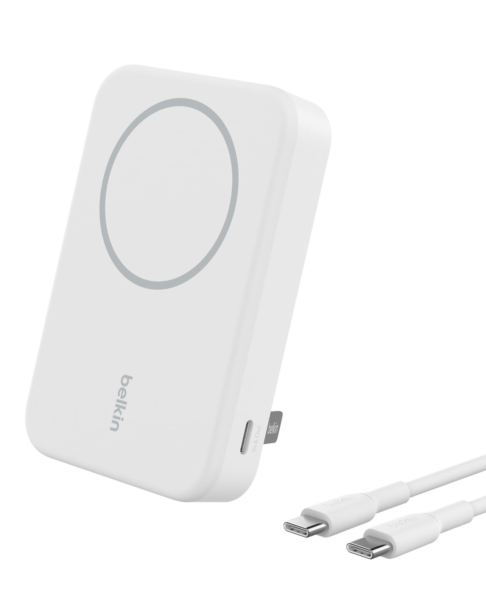 Belkin BoostCharge Pro juhtmevaba akupank 10 000 mAh Qi2 ja MagSafe ühilduvusega – integreeritud alusega kaasaskantav laadija iPhone 16, 15, 14, 13 ja 12 jaoks – Valge