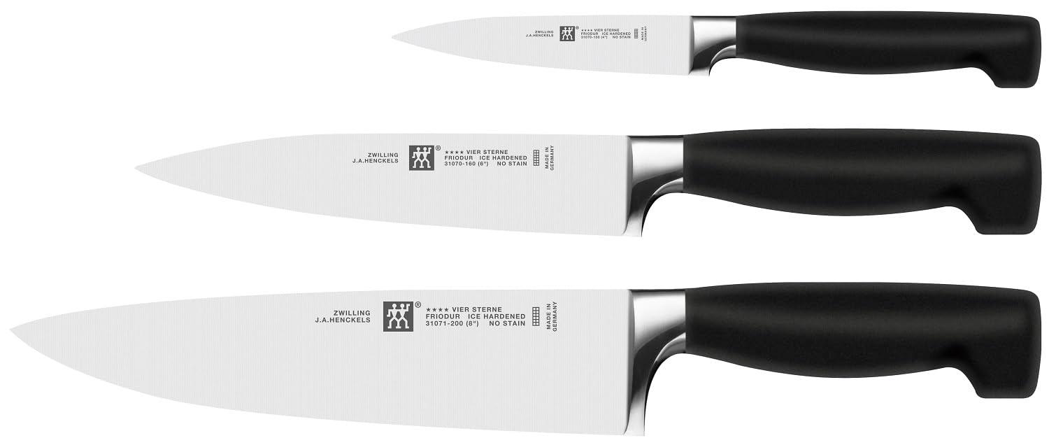ZWILLING Vier Sterne noakomplekt, 3-osaline (Spick-/kaunistusnuga 10 cm, lihalõikenuga 16 cm, kokanuga 20 cm), roostevaba eriteras, ergonoomiline plastkäepide, must [valmistatud Saksamaal]