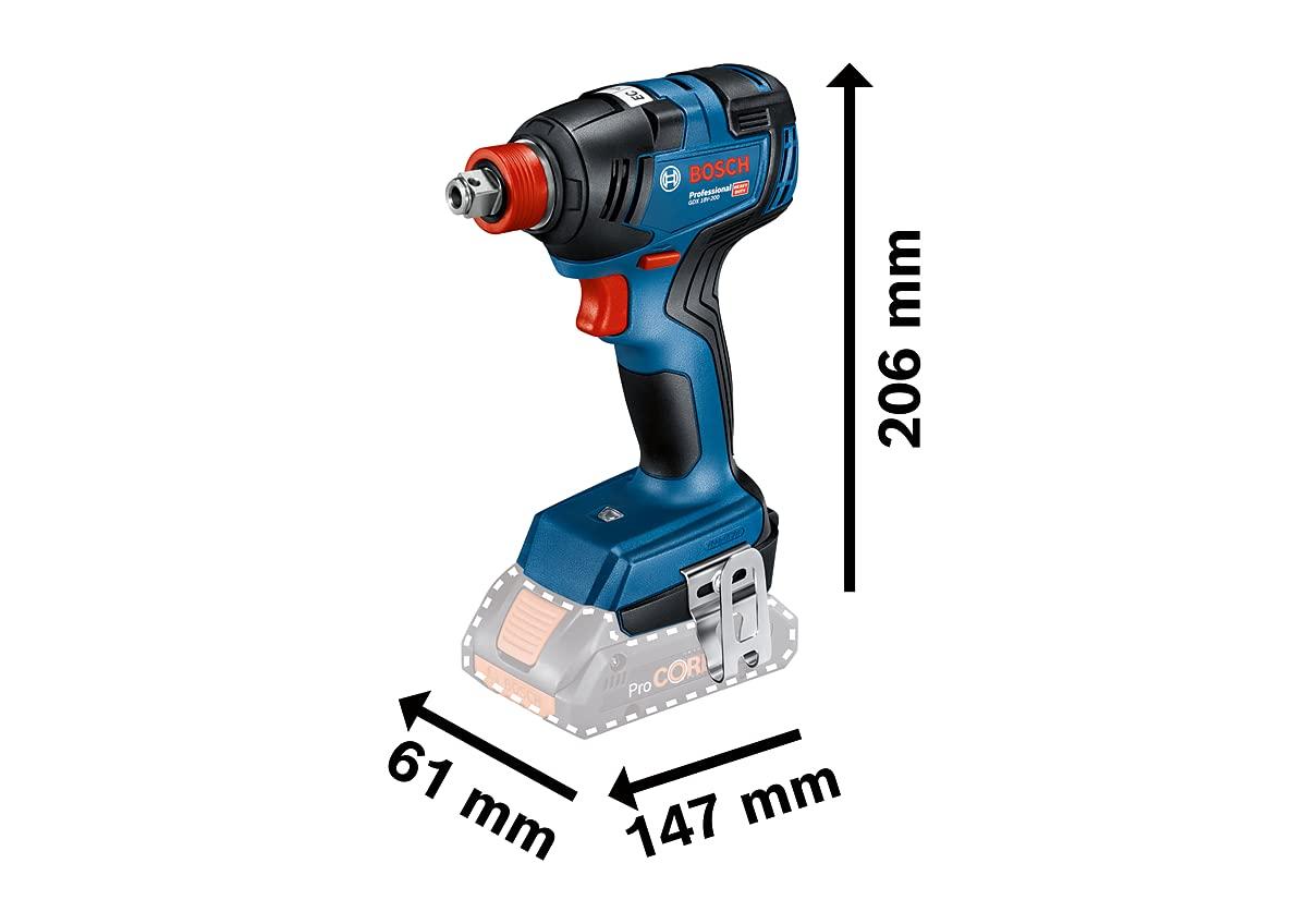 Bosch Professional 18V süsteemi akutrell-mutrikeeraja GDX 18V-200 (maks. pöördemoment 200 Nm, sisaldab L-BOXX-i, ilma aku ja laadijata) – pakend ja tarvikud