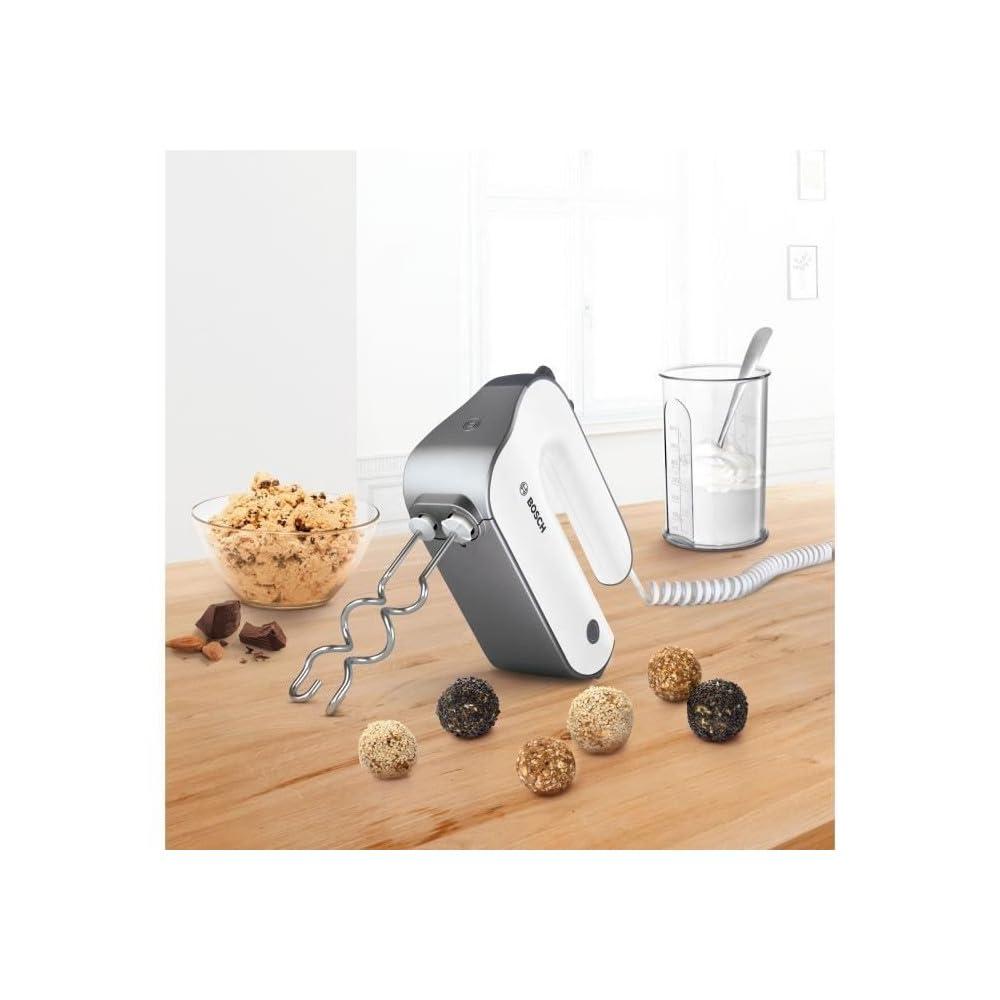 Bosch käsimikser Styline MFQ49700, 5 kiiruseastet, 2 roostevabast terasest visplit ja taignakonksu, spiraalkaabel, roostevabast terasest segamisjalg, 850 W, valge/tumehõbe – pakend ja tarvikud