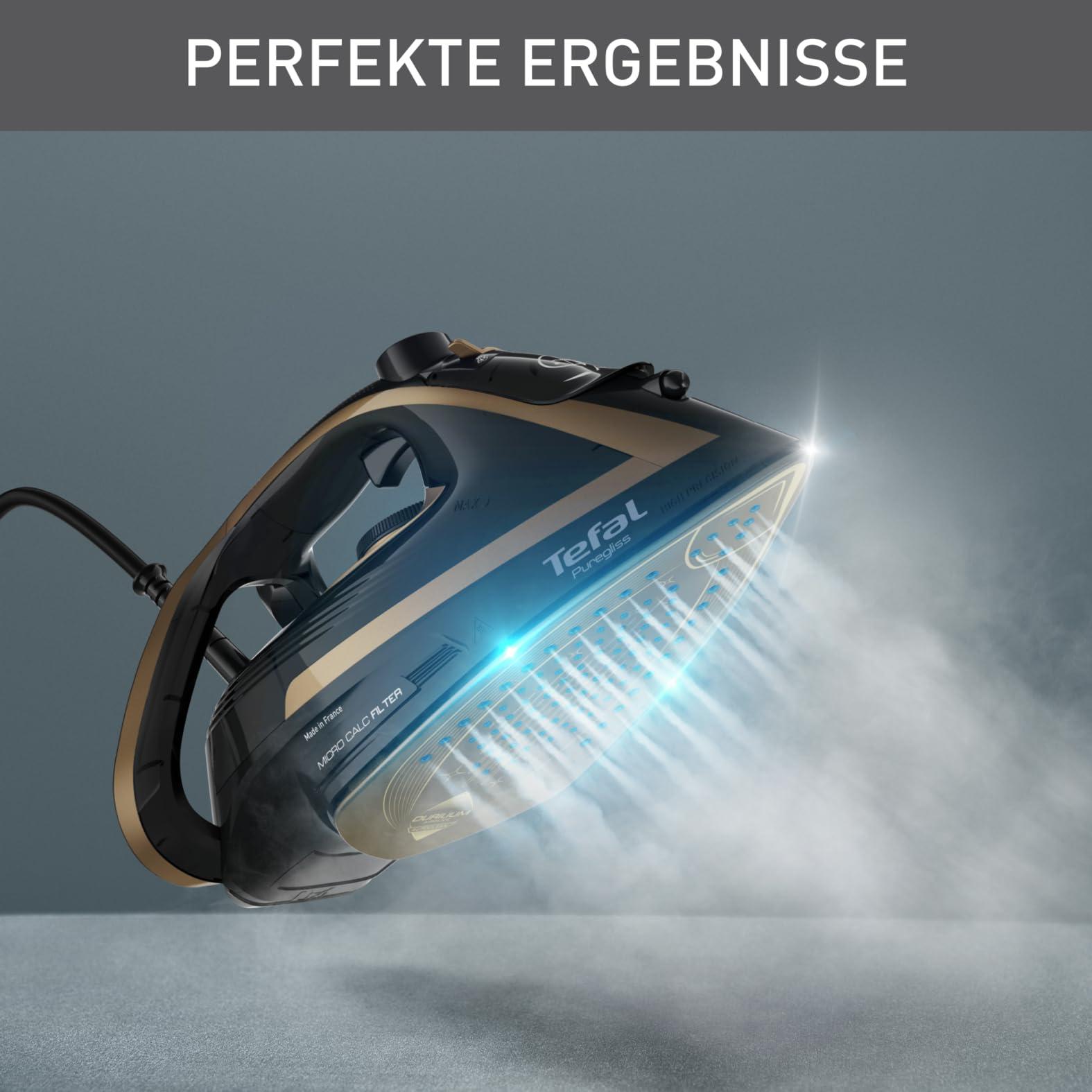 Tefal Puregliss aurutriikraud, 3000 W, 280 g/min. aurupahvak, 0-50 g/min. muudetav aur, vertikaalaur, Durilium AirGlide Autoclean tald, Micro-Calc-filter, must/kuld, FV8064 – detailne vaade