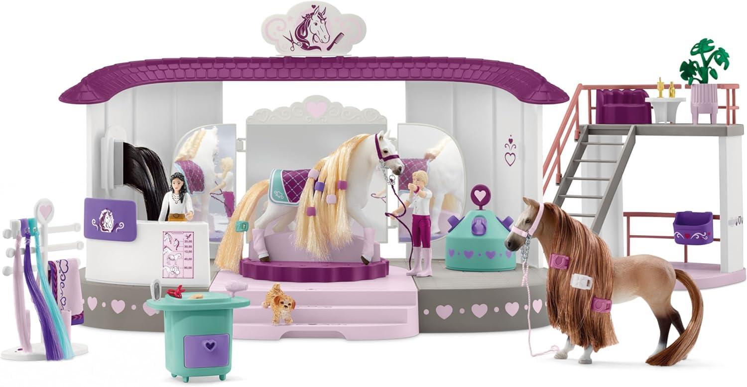 schleich HORSE CLUB 42588 Sofia’s Beauties Hobuste Ilusalong koos Talliga, Harjadega, Tarvikute ja Figuuridega – 99-osaline Mängukomplekt Kammimiseks Mõeldud Lakkadega Hobusega – Hobuste Mänguasi alates 4. eluaastast – detailne vaade