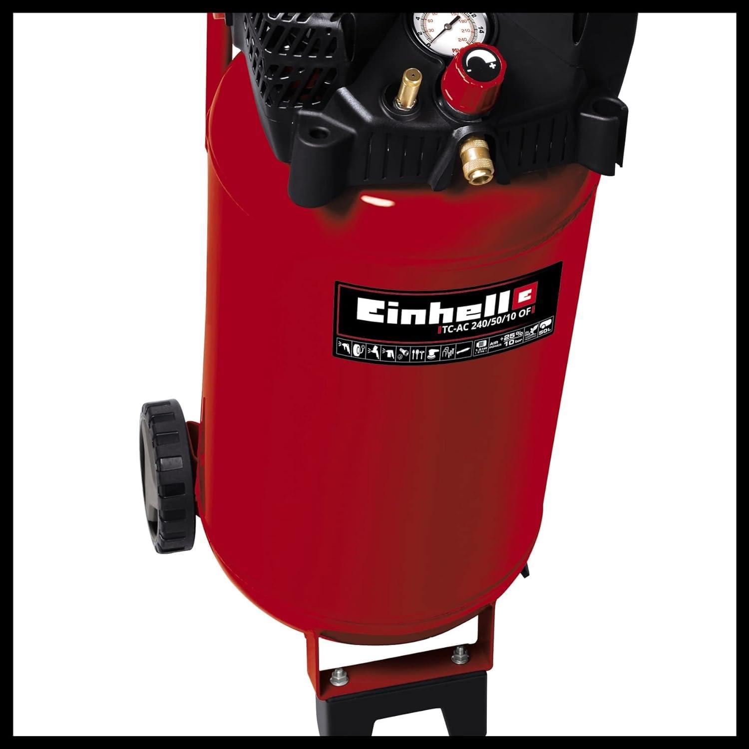 Einhell Kompressor TC-AC 240/50/10 OF (1500 W, max. 10 bar, 50 l paak, 240 l/min imemisvõimsus, mootori pöörlemiskiirus 18000 min^-1, rõhuregulaator, manomeeter, õlivaba) – lisavaade