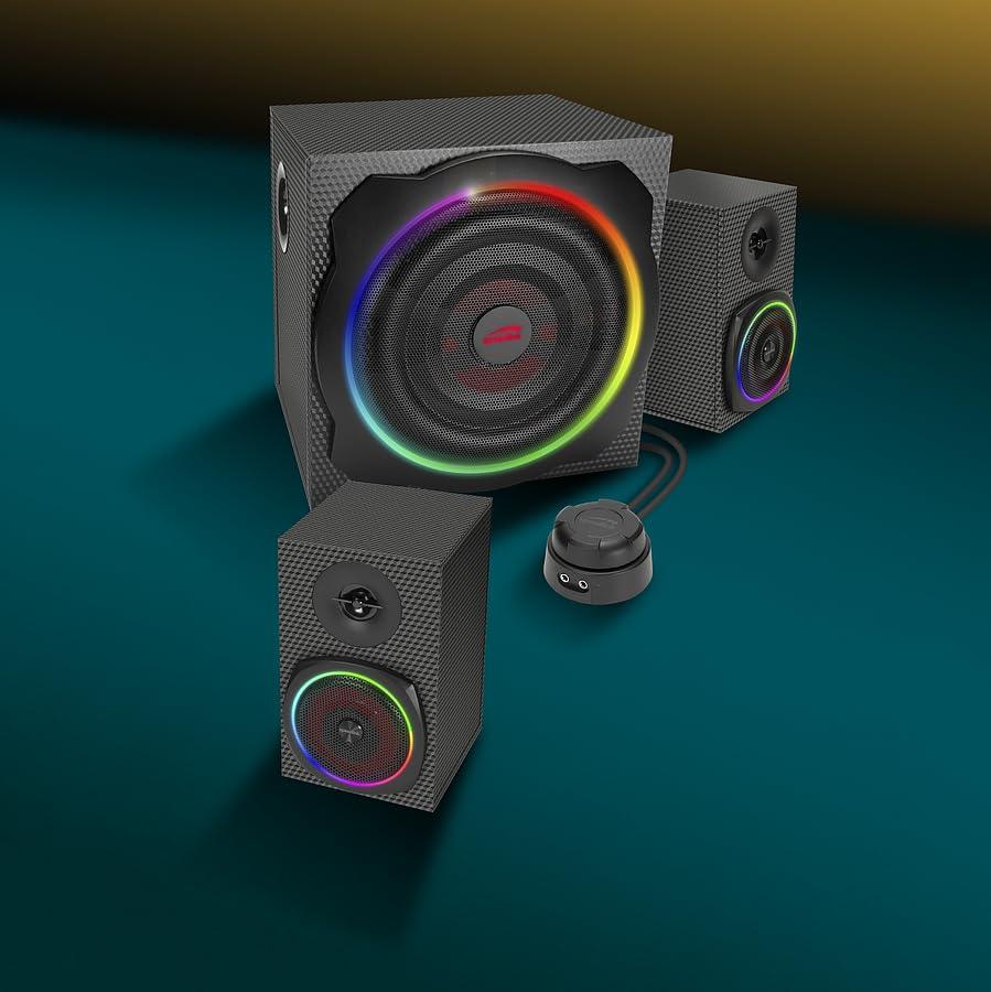Speedlink GRAVITY CARBON RGB 2.1 helisüsteem Bluetoothiga – puidust subwoofer, 120 W, 3,5 mm AUX, laualt juhitav, must – pakend ja tarvikud