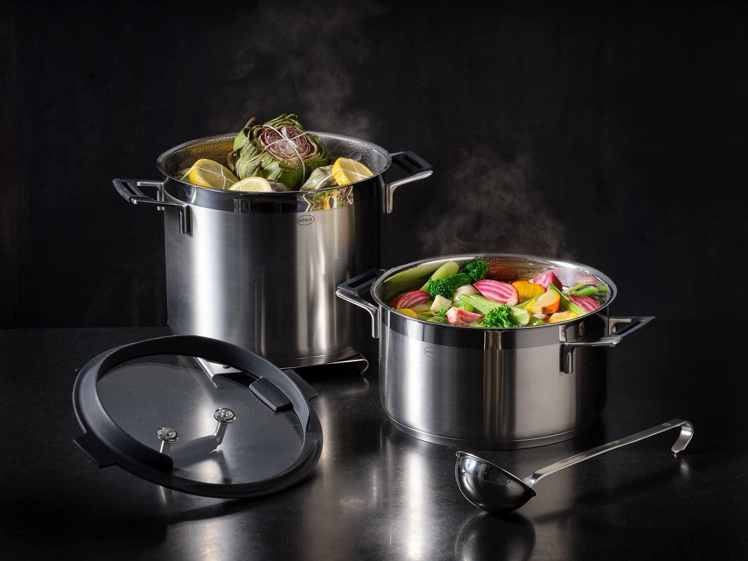RÖSLE SILENCE PRO köögivilja- ja supipott, kvaliteetne universaalpott roostevabast terasest 18/10, 24 cm, klaaskaanega, sisemõõdistusega, induktsioonisobiv, nõudepesumasinas pestav, hõbedane/must – pilt 8