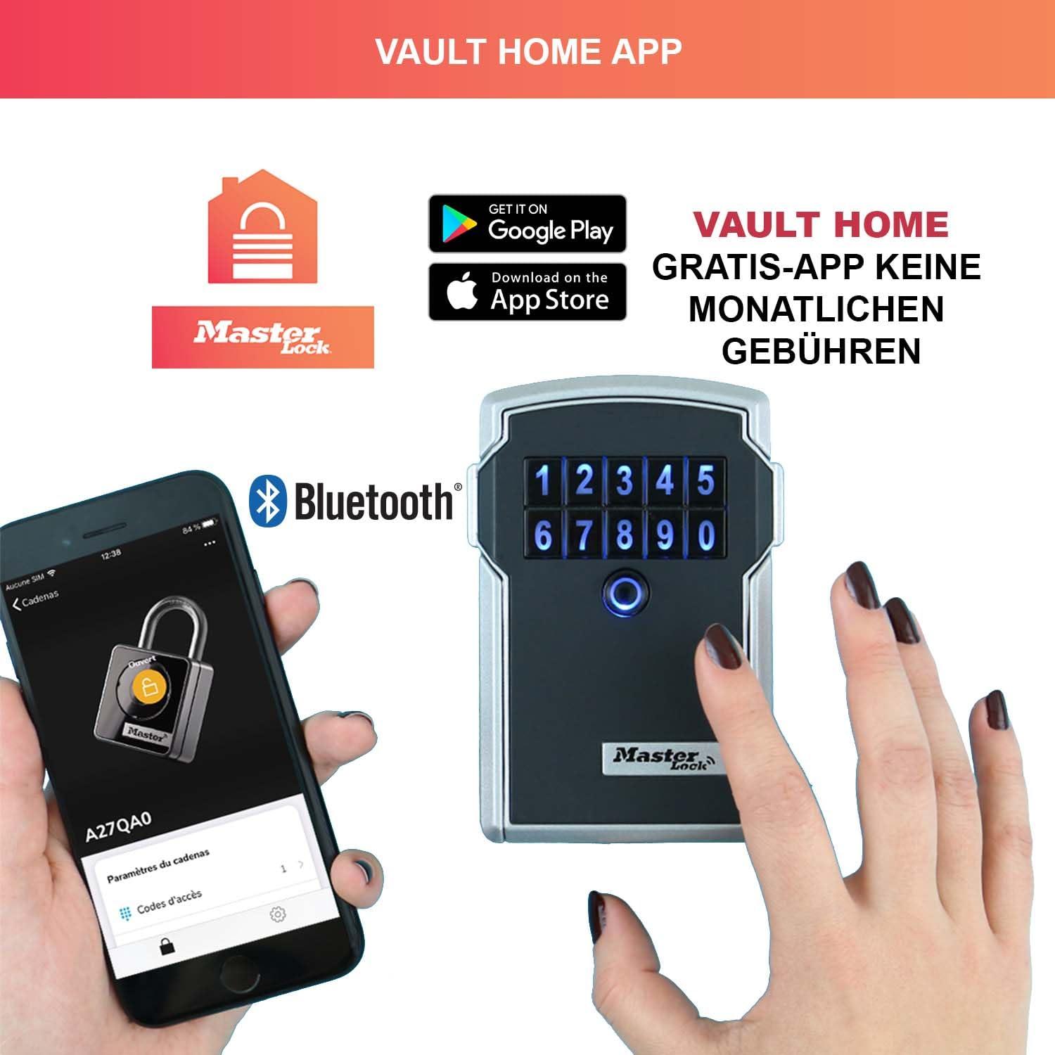 Master Lock nutikas ühendatud võtmetresor, sõjaväestandardiga krüpteerimine, välitingimustes, seinakinnitus, Bluetooth või numbrikood, 12,7 x 8,3 x 5,9 cm – pakend ja tarvikud