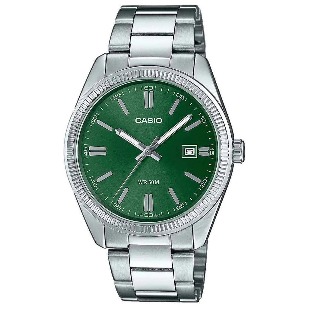 Casio unisex kvartsist käekell, 39 mm korpusega, rohelise analoogkellaplaadi ja hõbedase metallrihmaga MTP-1302PD-3AVEF