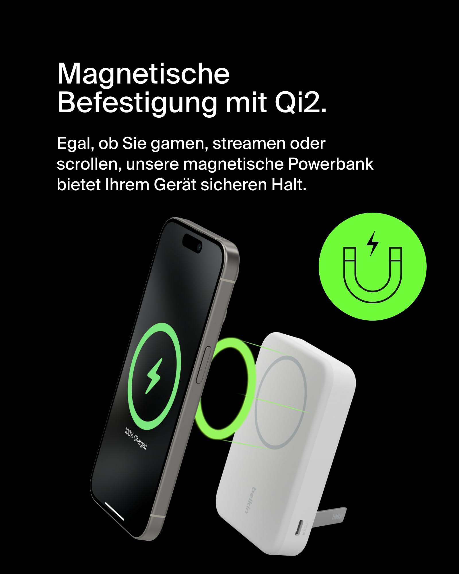 Belkin BoostCharge Pro juhtmevaba akupank 10 000 mAh Qi2 ja MagSafe ühilduvusega – integreeritud alusega kaasaskantav laadija iPhone 16, 15, 14, 13 ja 12 jaoks – Valge – lisavaade