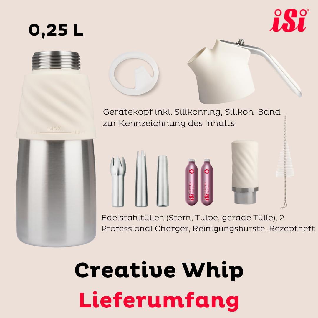 iSi Creative Whip Premium vahukoore sifoon 250ml, elevandiluuvalge, roostevabast terasest, sisaldab 3 roostevabast terasest otsikut & 2 iSi vahukoorekapslit, iSi vahukoore dosaator magustoitudele ja soolastele roogadele, nõudepesumasinas pestav – detailne vaade