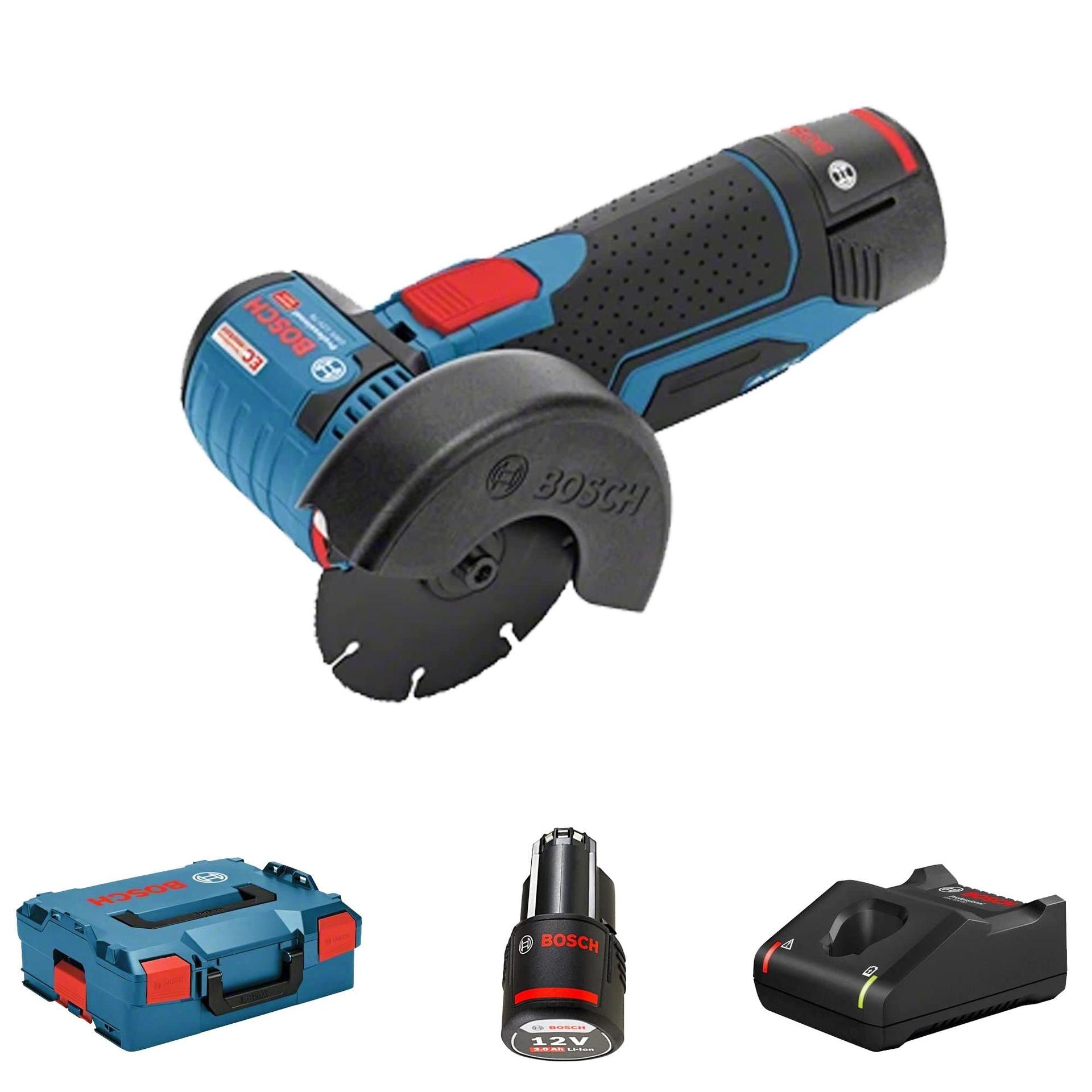 Bosch Professional 12V süsteem Akutööriist Nurklihvija GWS 12V-76 (sh 2x 3.0Ah aku, kiirlaadija GAL 1230 CV, 1x Carbide Multi Wheel, 2x lõikeketas Expert for Inox, L-BOXX2)