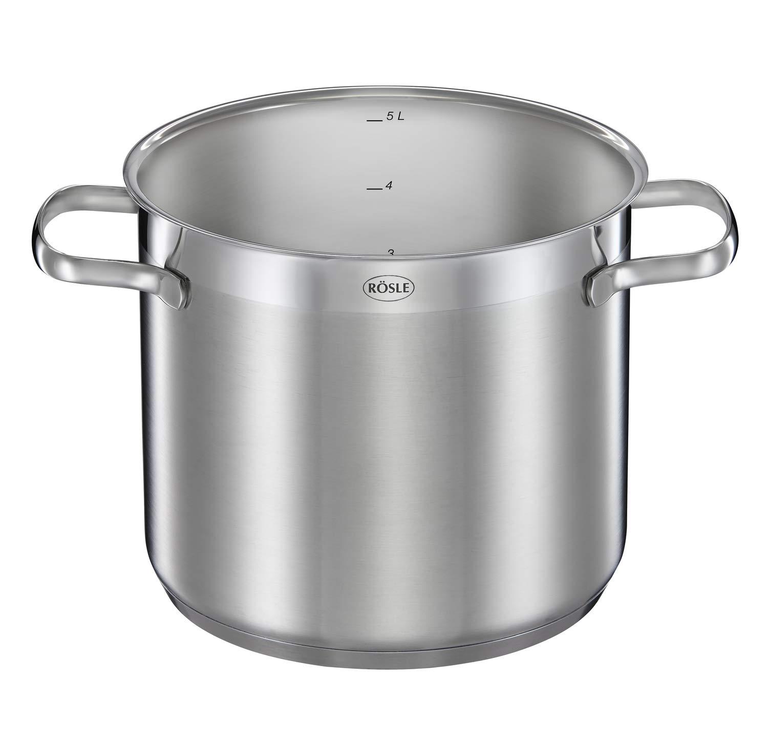 RÖSLE ELEGANCE pastapott, kvaliteetne roostevabast terasest pott pasta või köögiviljade valmistamiseks, 5 liitrit, roostevaba teras 18/10, pastasisu, sisemõõdustik, induktsioonisobiv, nõudepesumasinas pestav, 29 x 21,5 x 30,5 cm – pakend ja tarvikud