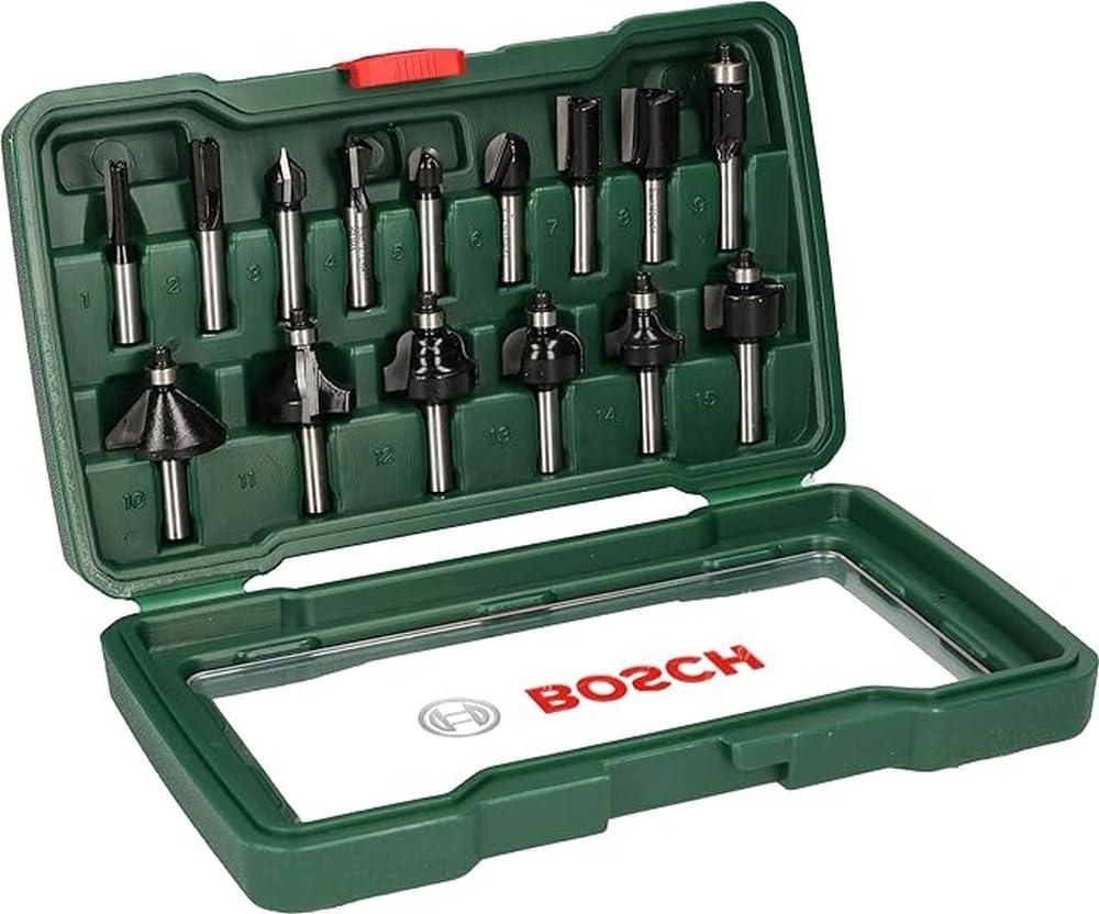 Bosch tarvikud 15-osaline kõvasulamist freesi komplekt (puutöö jaoks, 8 mm varrega, ülemise freesiga tarvik)