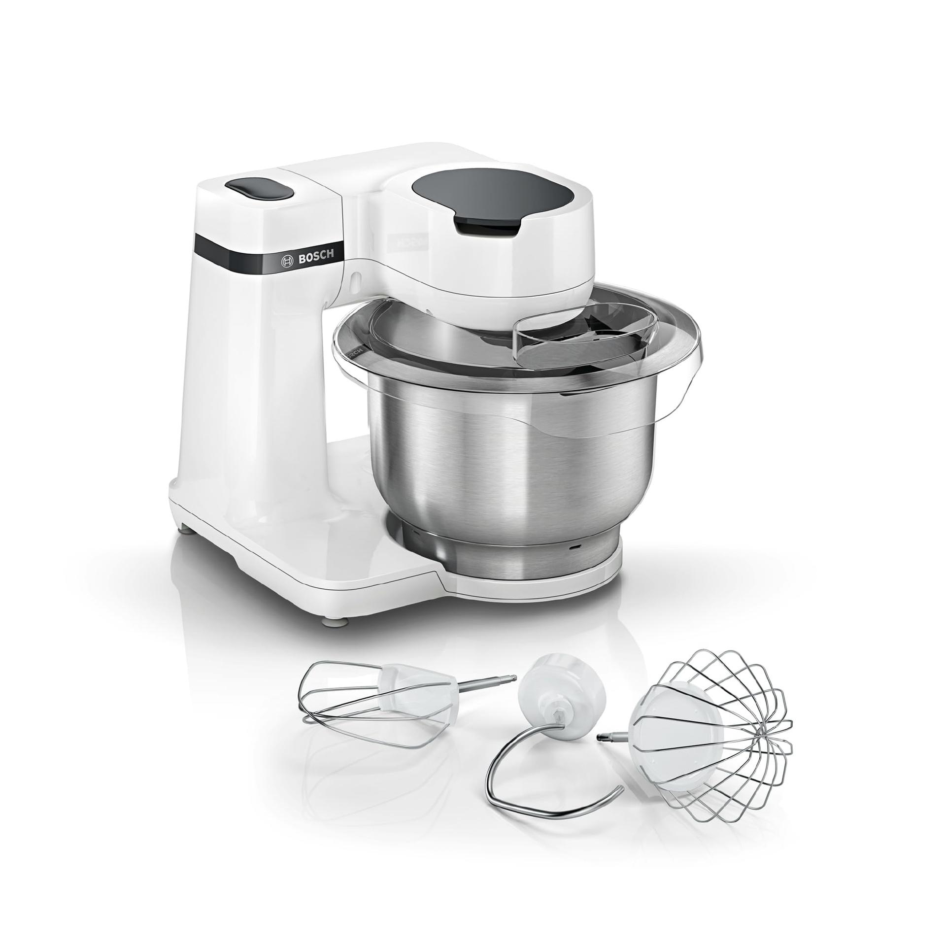 Bosch köögikombain Serie 2 MUMS2EW00, roostevabast terasest kauss 3,8 L, planetaarne segamissüsteem, taignakonks, vispel ja segamisvispel, 4 kiirust, laiendatav lisatarvikutega, 700W, valge