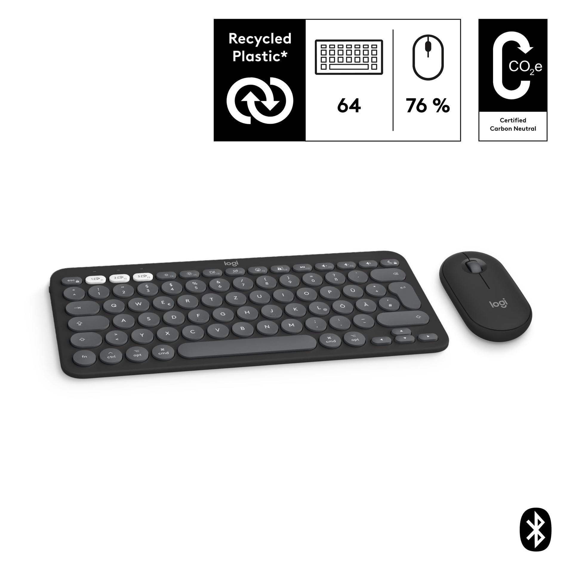 Logitech Pebble 2 Combo Macile – juhtmevaba klaviatuur ja hiir, stiilne, vaikne ja mobiilne, Bluetooth-ühendusega, kergesti kohandatav, QWERTZ-paigutus, grafiit – detailne vaade
