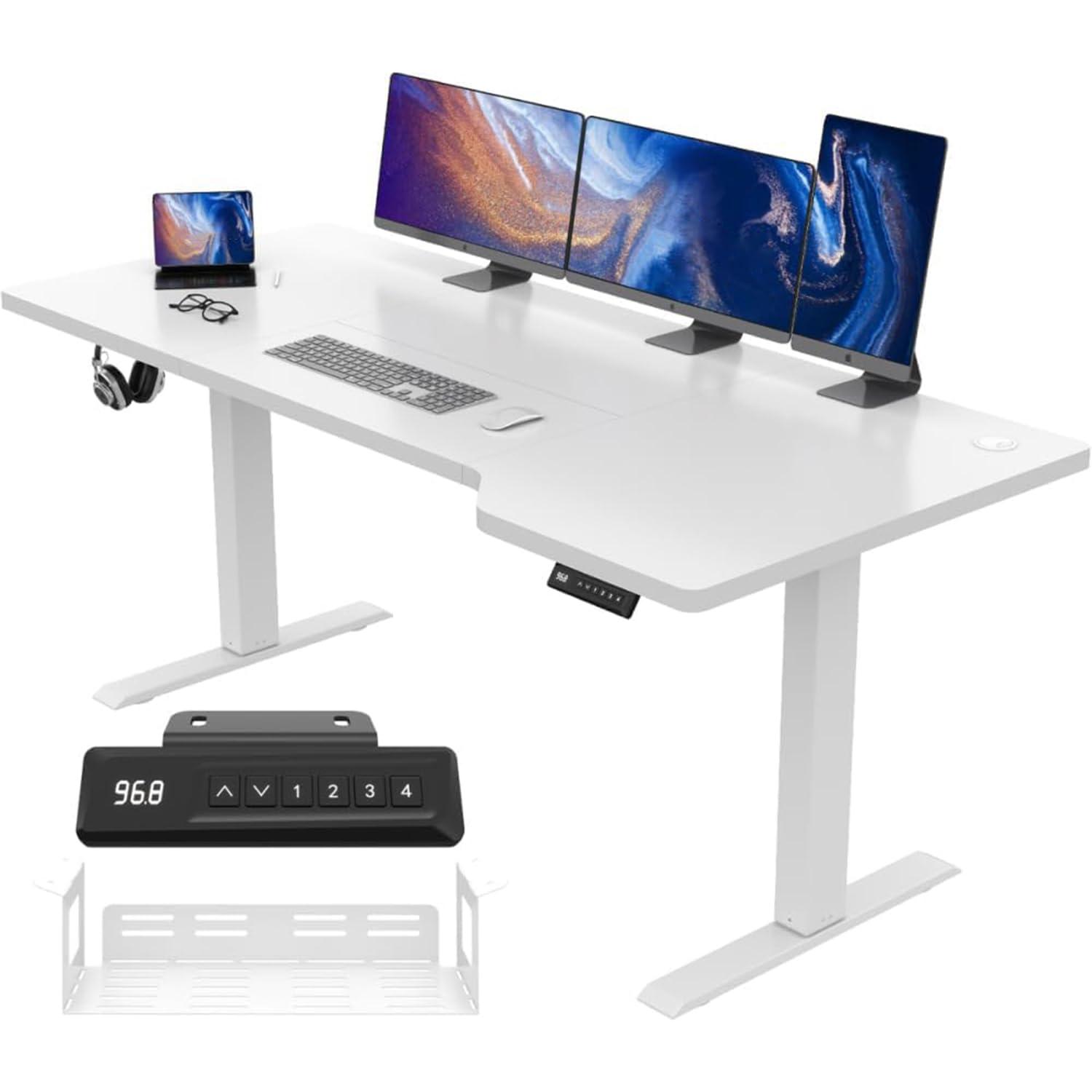 JUMMICO elektriliselt reguleeritav L-kujuline kirjutuslaud 160 x 70 cm, ergonoomiline mängurilaud konksuga (valge)