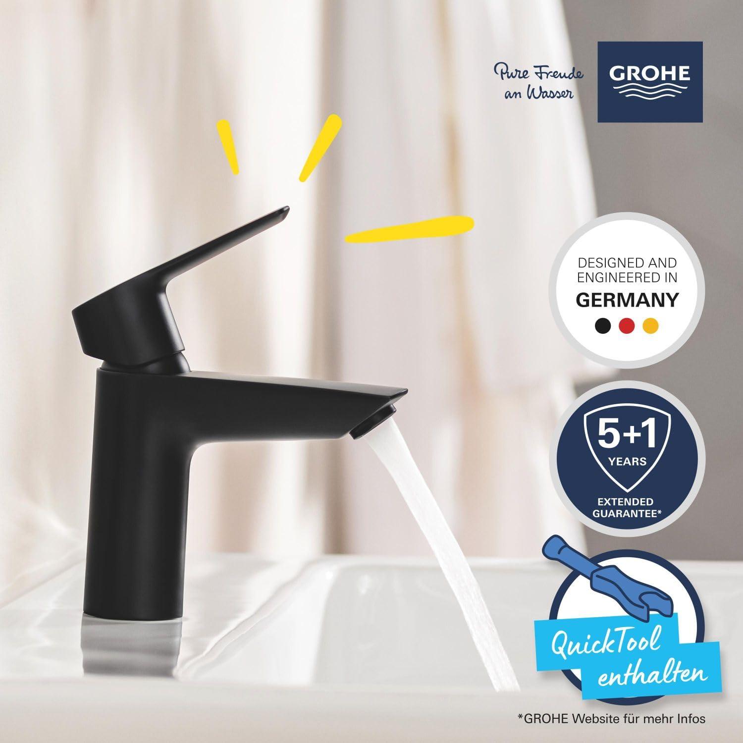 GROHE Start – säästlik vannitoasegisti (külmtüübi keskpositsiooniga energiakokkuhoiuks, 17 cm kõrge, veesäästlik, Push-Open äravoolusüsteem), matt must, 235512432 – pakend ja tarvikud