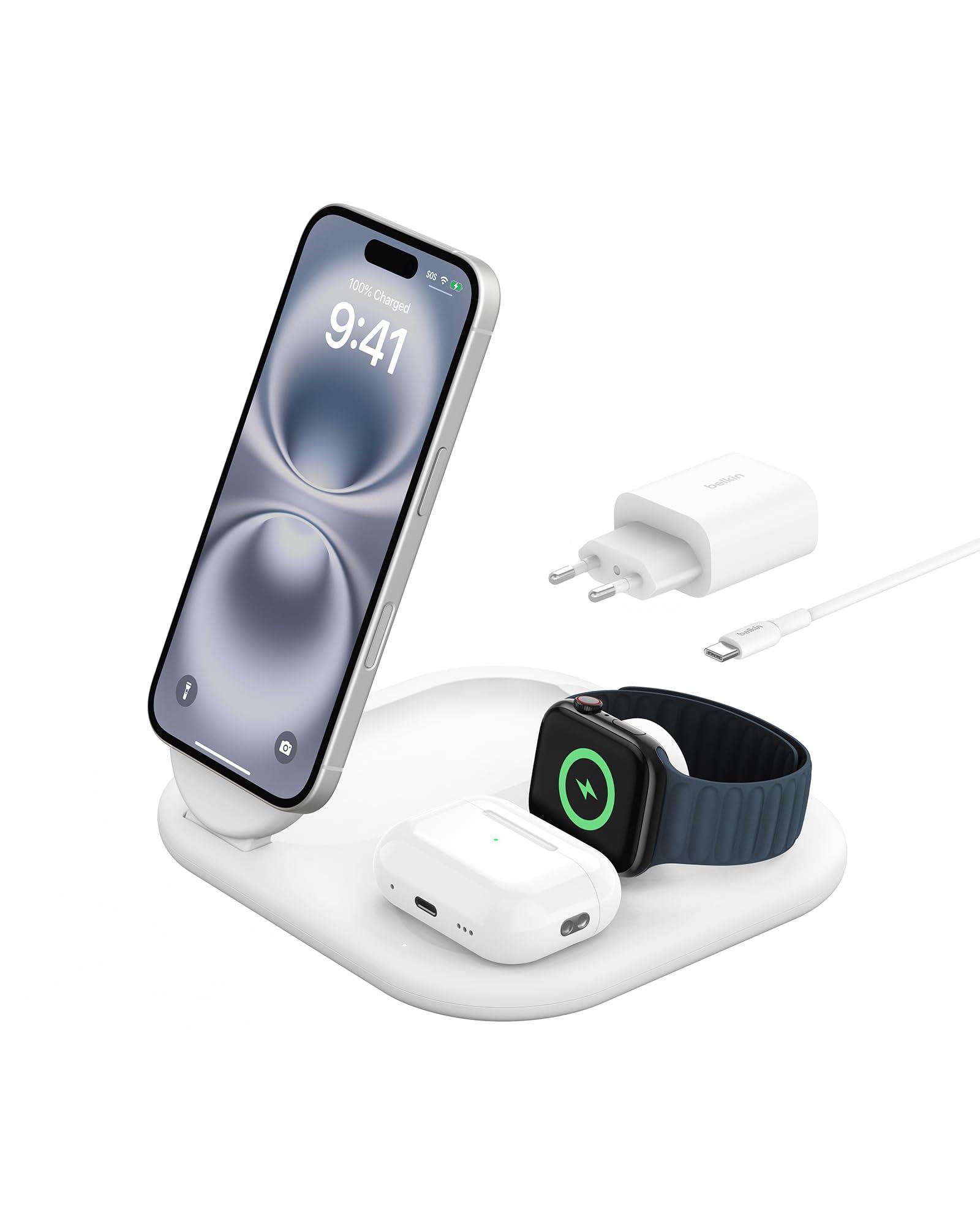 Belkin BoostCharge juhtmevaba 3-ühes laadimisjaam Qi2, 15 W, kokkupandav MagSafe-ühilduv statiiv Apple iPhone 16/15, Apple Watch, AirPods jaoks, libisemisvastane, kiirlaadimine, koos toiteadapteriga – Valge