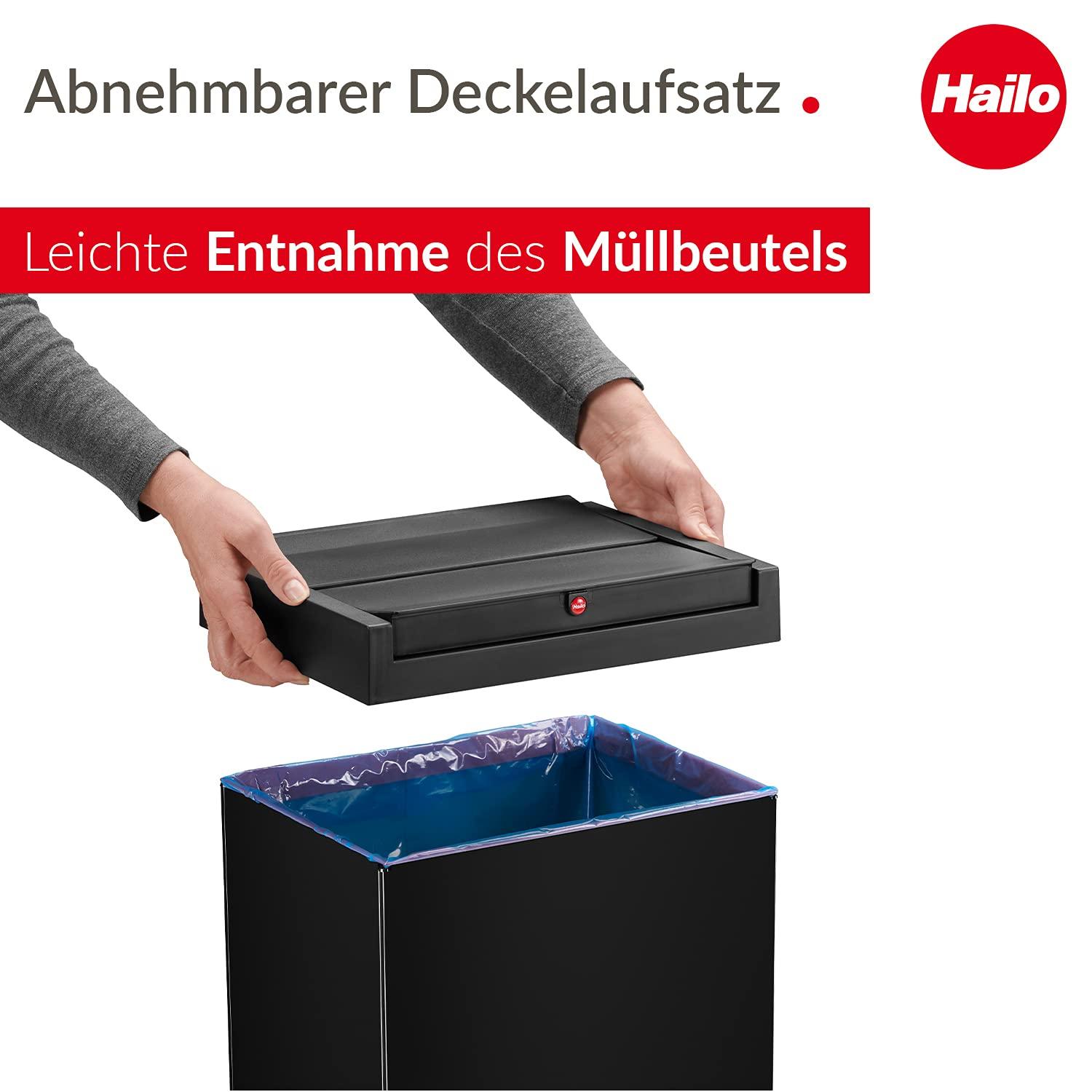 Hailo Big-Box Swing XL prügikast – 1 x 52 liitrit – isesulguv kiikekaas – terasplekist – prügikotiraam – ristkülikukujuline köögiprügikast – valmistatud Saksamaal – must – pakend ja tarvikud