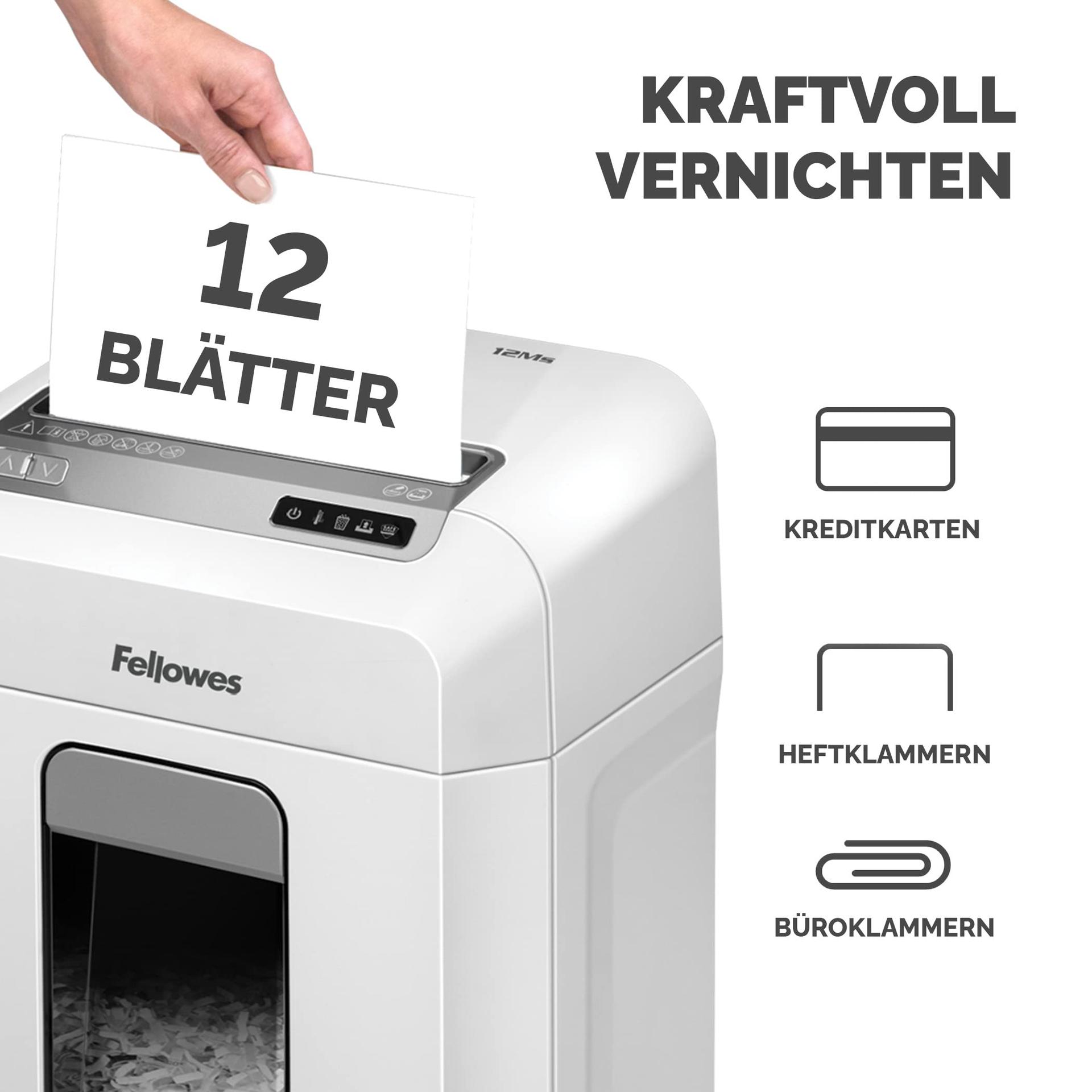 Fellowes paberihunt 12Ms, 12 lehte Minicut (P4), dokumentide hävitaja kontorisse ja kodukontorisse, SafeSense tehnoloogia, 23L paberkast, üle 1000 osakese iga A4 lehe kohta, automaatne tagasikäik – pilt 6