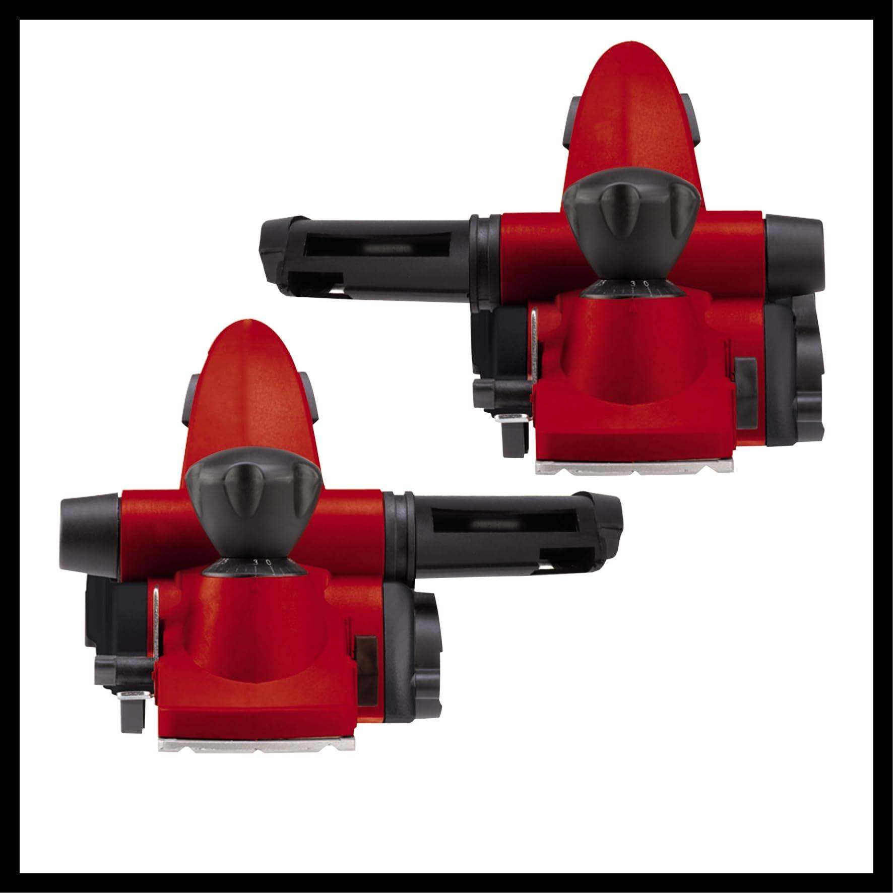 Einhell elektrihöövel TE-PL 900 (900 W, kuni 3 mm hööveldussügavus, suur teravõll, 3 V-soonega tald, Softgrip-käepide, kaasa arvatud rööpjuht, sügavuspiirik, TCT-höövlitera) – pakend ja tarvikud