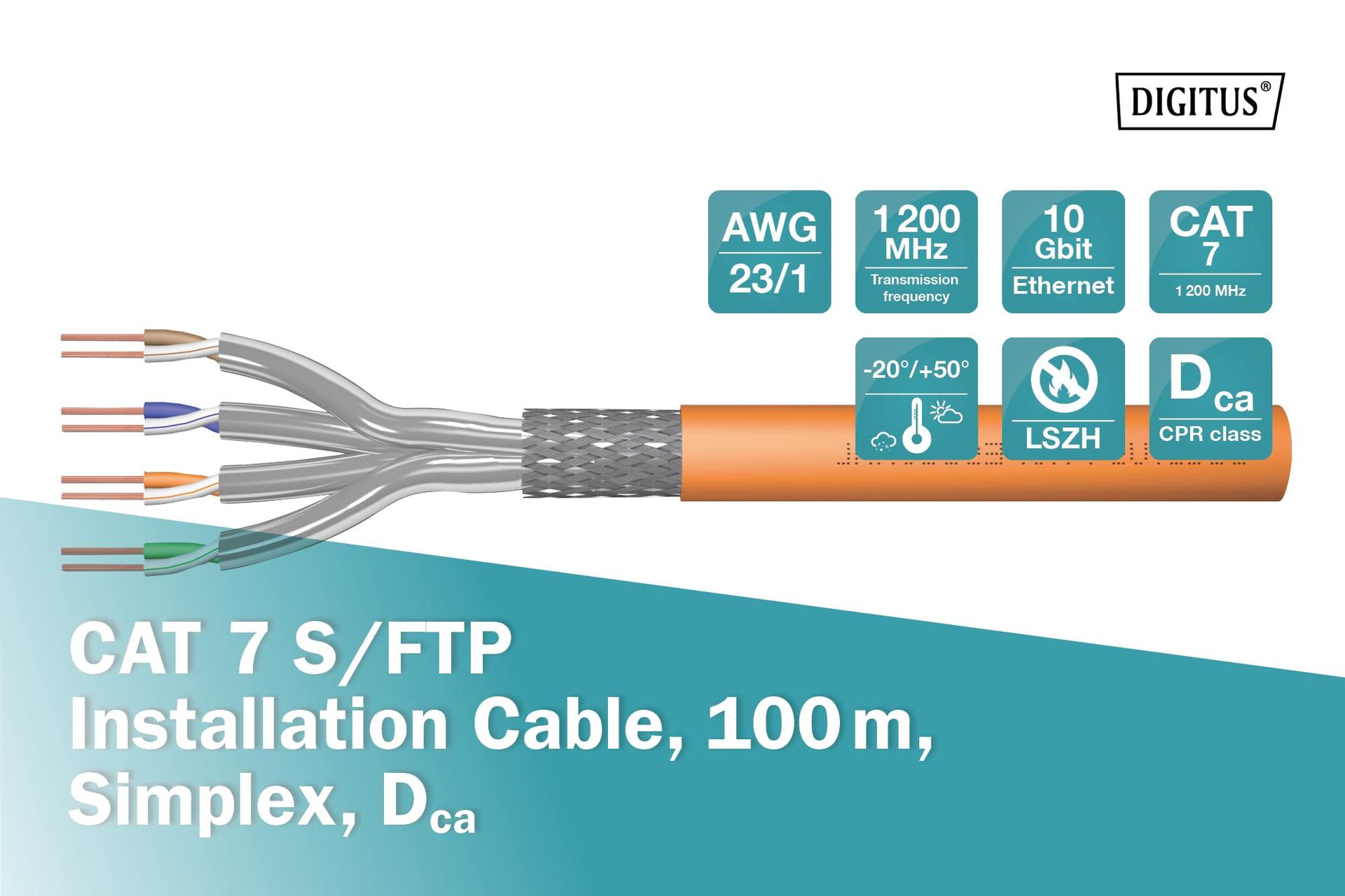 DIGITUS 100 m Cat 7 võrgukaabel – S-FTP (PiMF) Simplex – BauPVO Dca – LSZH halogeenivaba – 1200 MHz vask AWG 23/1 – PoE+ ühilduv – LAN kaabel paigalduskaabel Ethernet kaabel – Oranž – detailne vaade