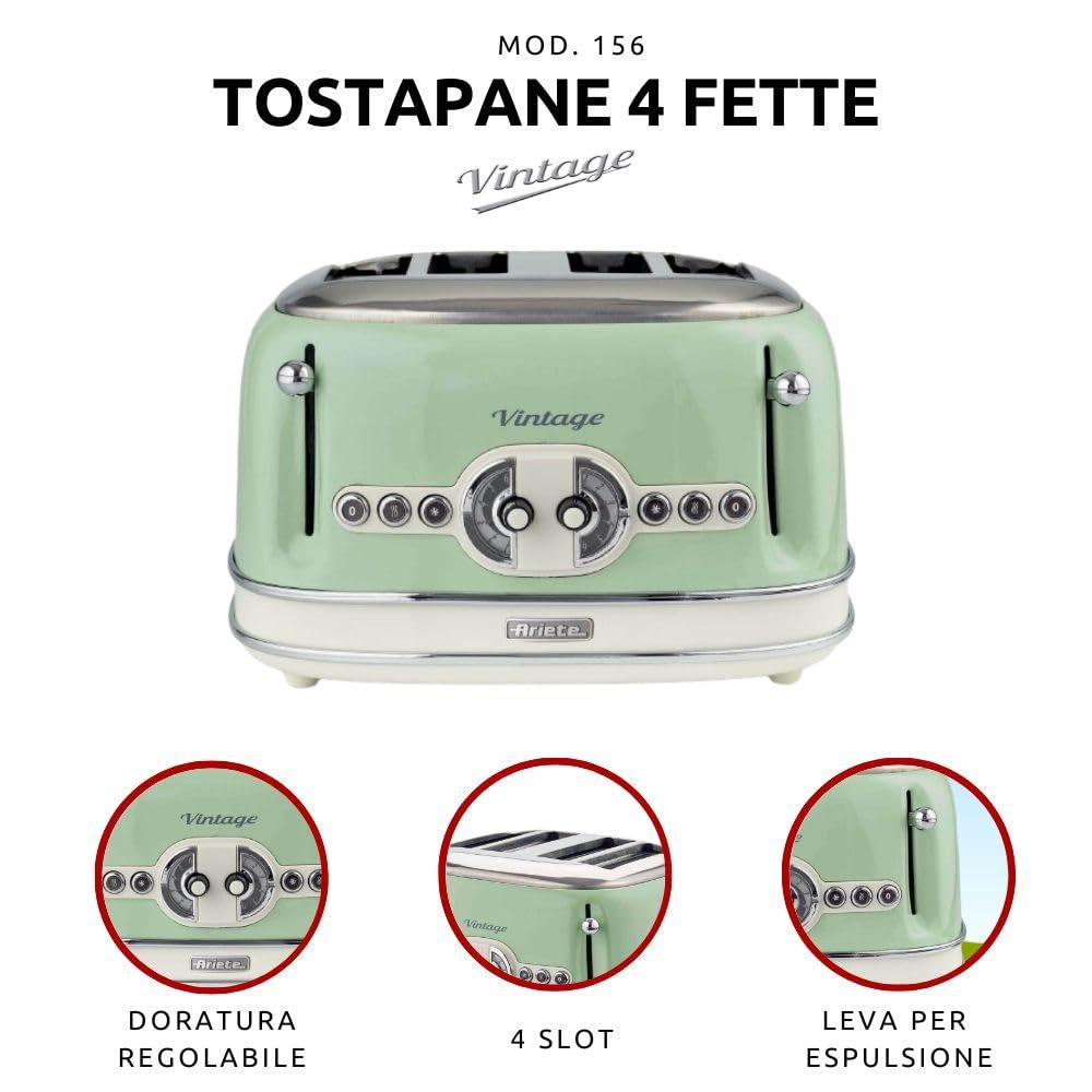 Ariete Vintage 156, 4-viilune röster, retro stiilis röster 6 röstimisastmega, automaatne väljastus, sulatusfunktsioon, eemaldatav purusahtel, roostevabast terasest korpus, 1600W, roheline – detailne vaade