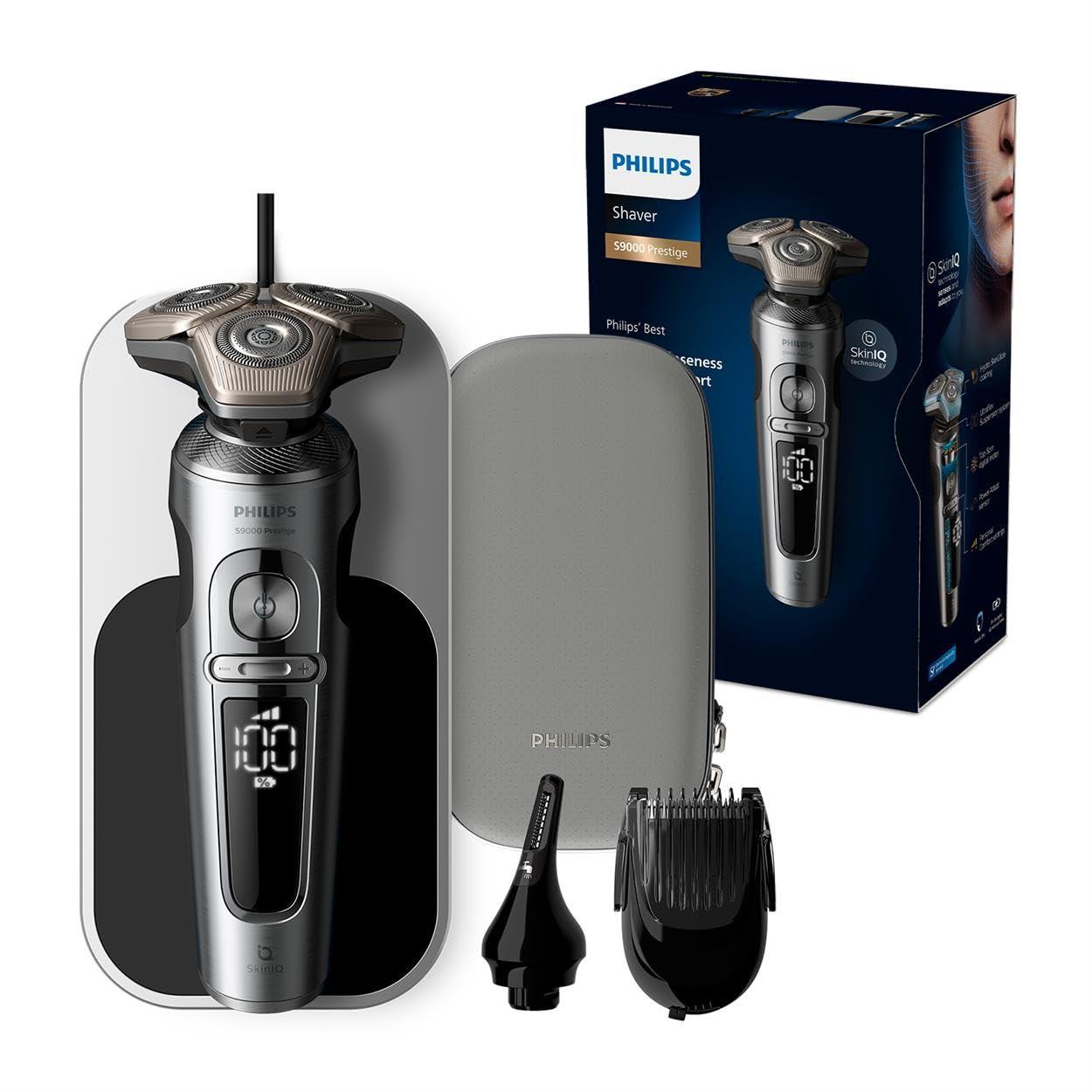 Philips Pardel S9000 Prestige – Elektriline märg- ja kuivpardel, läikiv kroom, Lift & Cut raseerimissüsteem, SkinIQ-tehnoloogia, Qi-laadimispadi, habemestiilija, ninatrimmer (mudel SP9871/22)