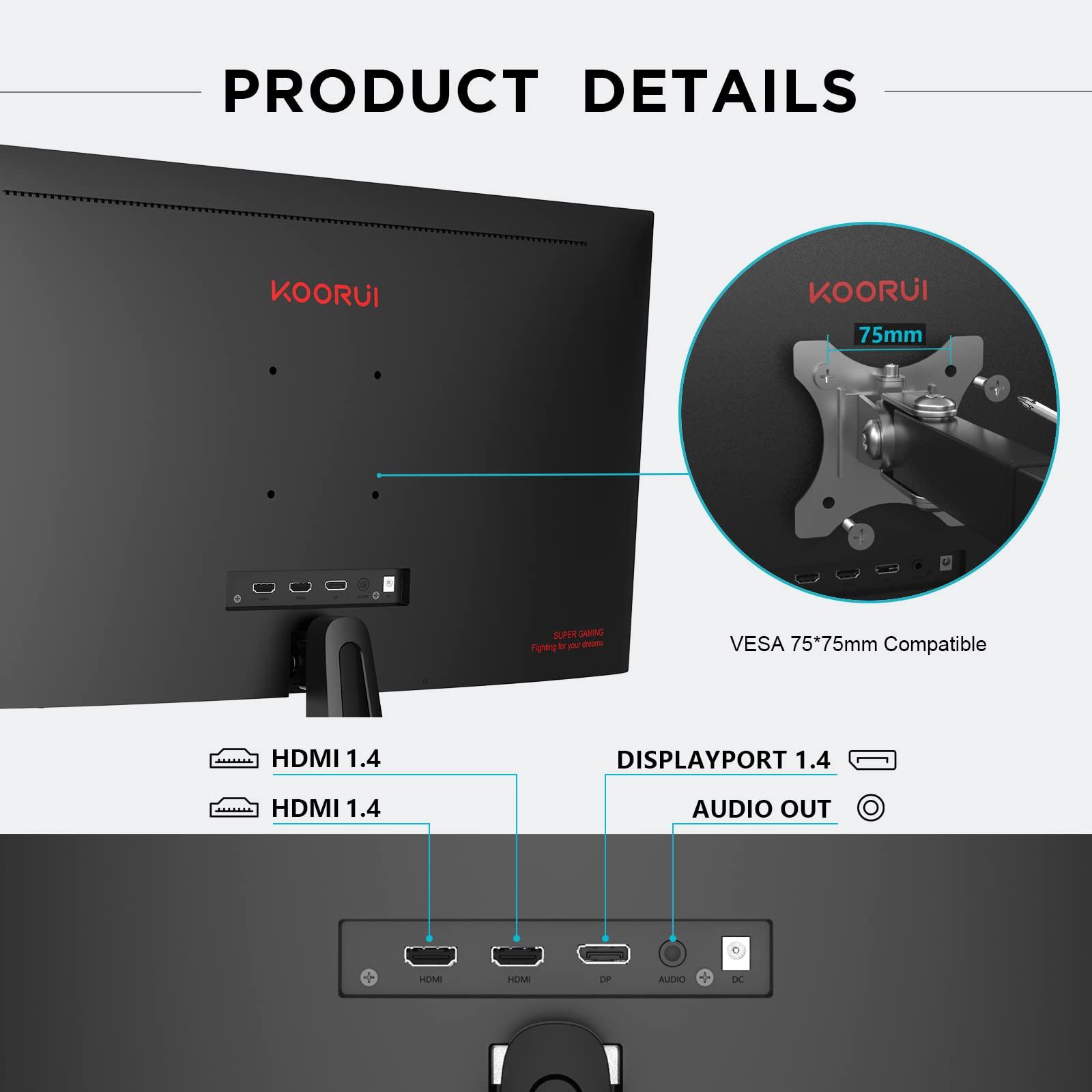 KOORUI 24-tolline monitor, Full-HD mängumonitor, VA-paneel, 1ms, 165Hz, DCI-P3 85%, AdaptiveSync tehnoloogia, 2x HDMI, DisplayPort, reguleeritav kaldenurk, must – lisavaade