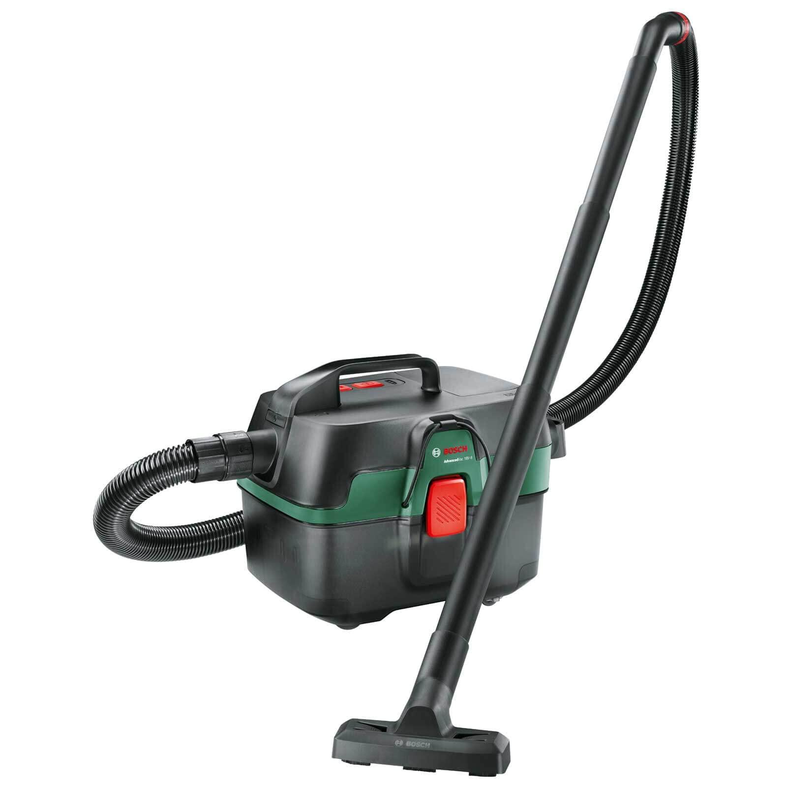 Bosch juhtmeta märg- ja kuivtolmuimeja AdvancedVac 18V-8 (ilma akuta, 18V süsteem, koos tarvikukomplektiga, kartongpakendis) – pakend ja tarvikud