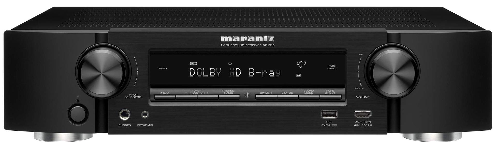 Marantz NR1510 5.2-kanaliline AV-vastuvõtja, HiFi võimendi, 50W, 4K, Dolby Audio, HEOS, 6 HDMI-sisendit, Bluetooth, WiFi – Must – detailne vaade