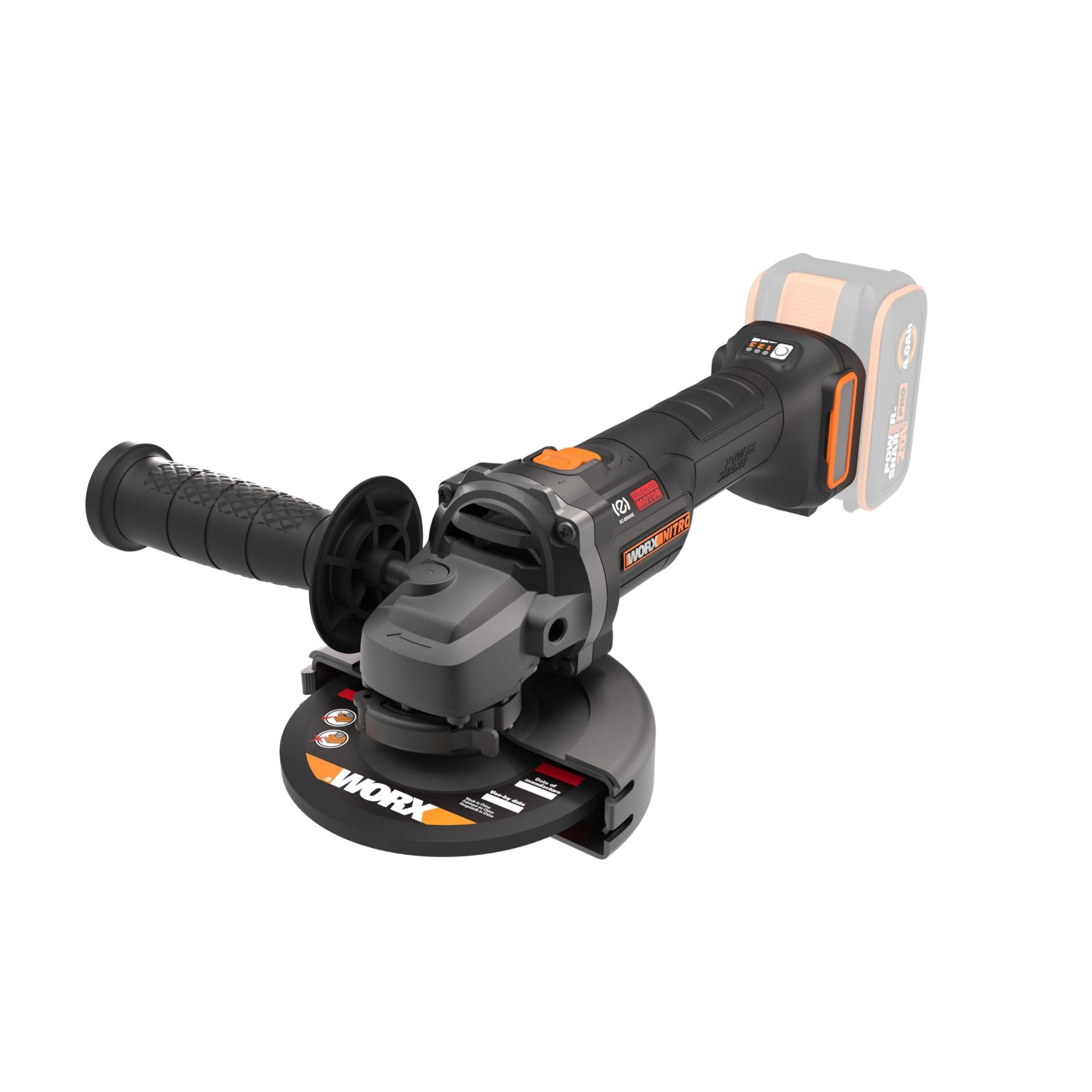 WORX WX814.9 Nitro harjadeta akuga nurklihvija 20V – 125mm ketta läbimõõt – 8600 p/min – kerge ja kompaktne – 2-positsiooniline lisakäepide – turvaline tagasilöögikaitse – ilma aku ja laadijata